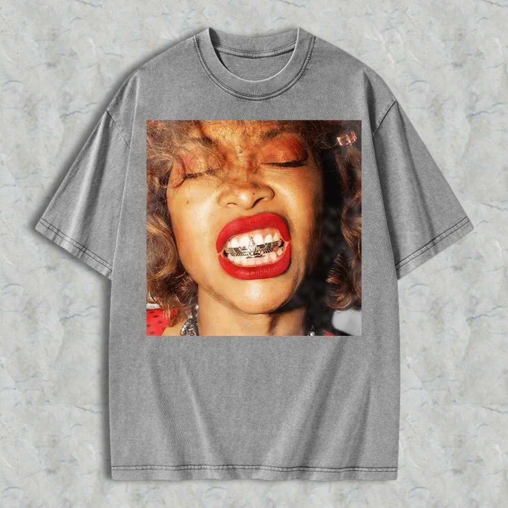 Woman With Red Lipstick And Braces Unisex Washed T-shirt