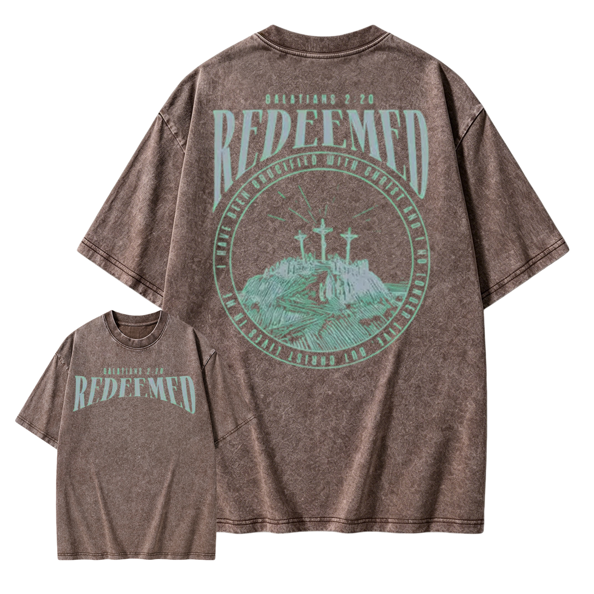 Washed Short Sleeved Double-Sided Printed T-Shirt, 100% Pure Cotton, Printed With "Redemption Christianity". Retro Hip-Hop Style
