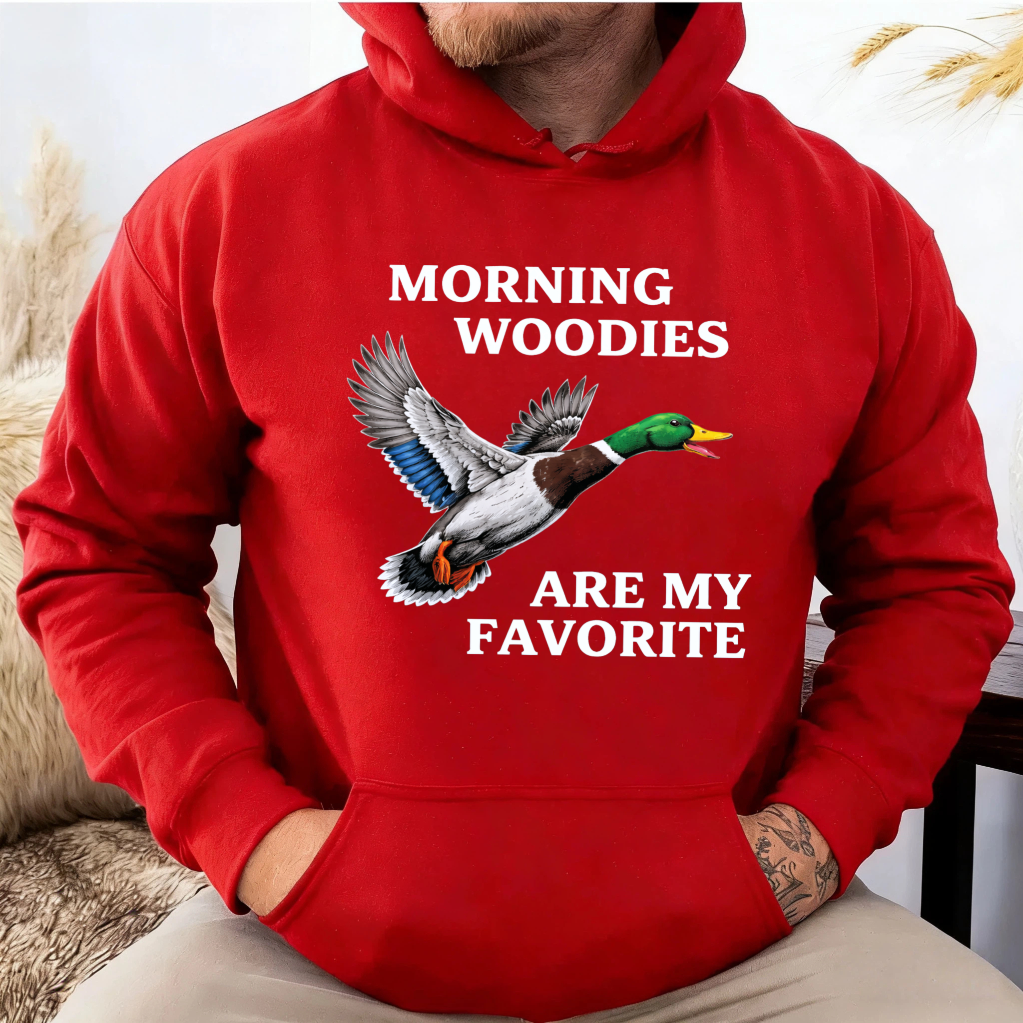 TEECURENT Gildan Morning Woodies Are My Favorite Duck Hunting Hoodie For Men And Women Outdoor Apparel With Funny Slogan And Bird Graphic Design