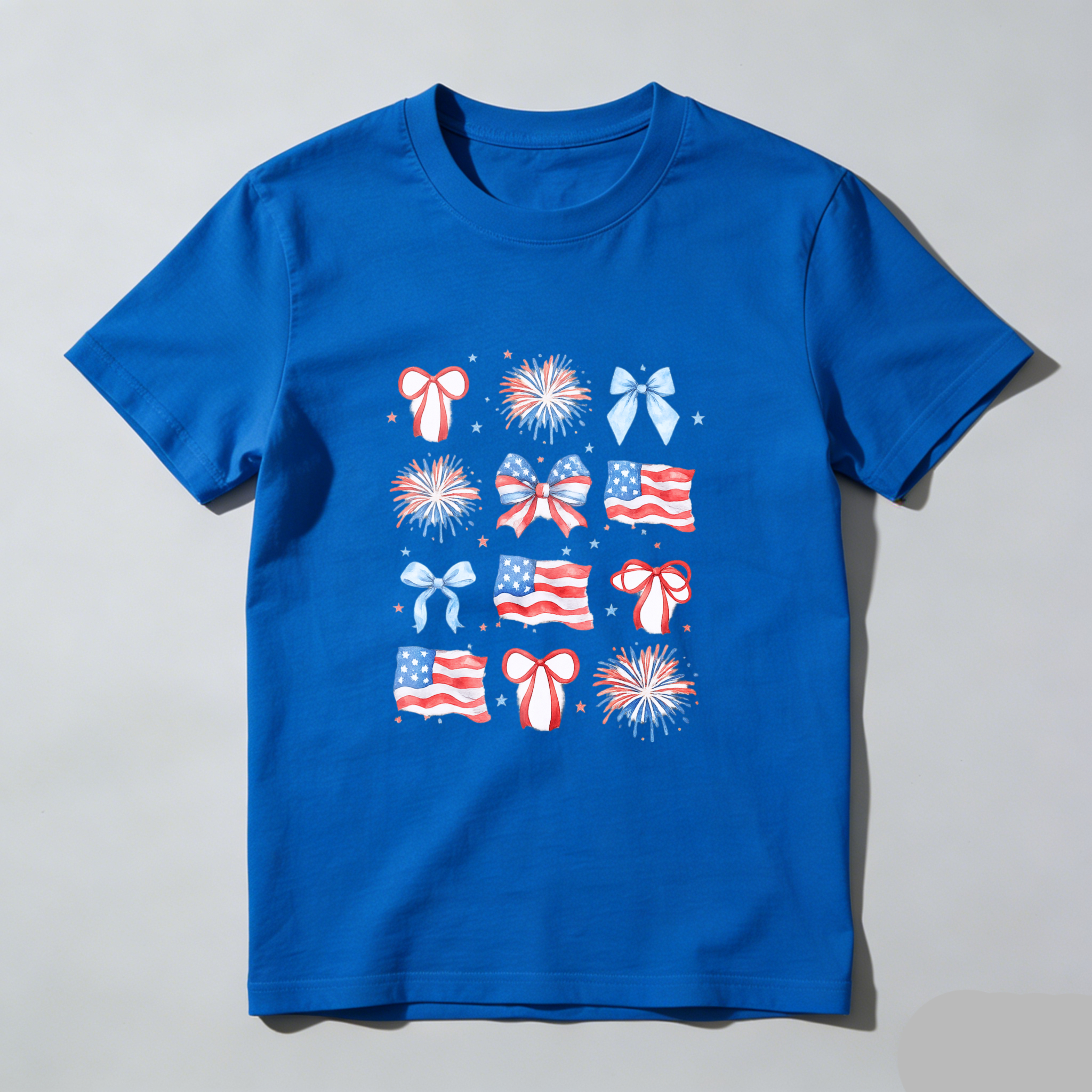 TEECURENT Patriotic American Flag Fireworks Bows And Stars Fourth Of July Independence Day Celebration T Shirt WOMEN