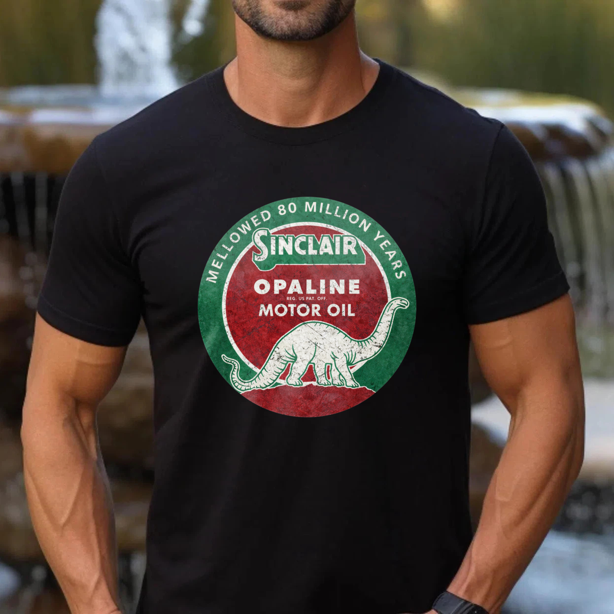Sinclair Opaline Motor Oil Dinosaur Logo T Shirt Vintage Petroleum Brand Design Black Cotton Tee