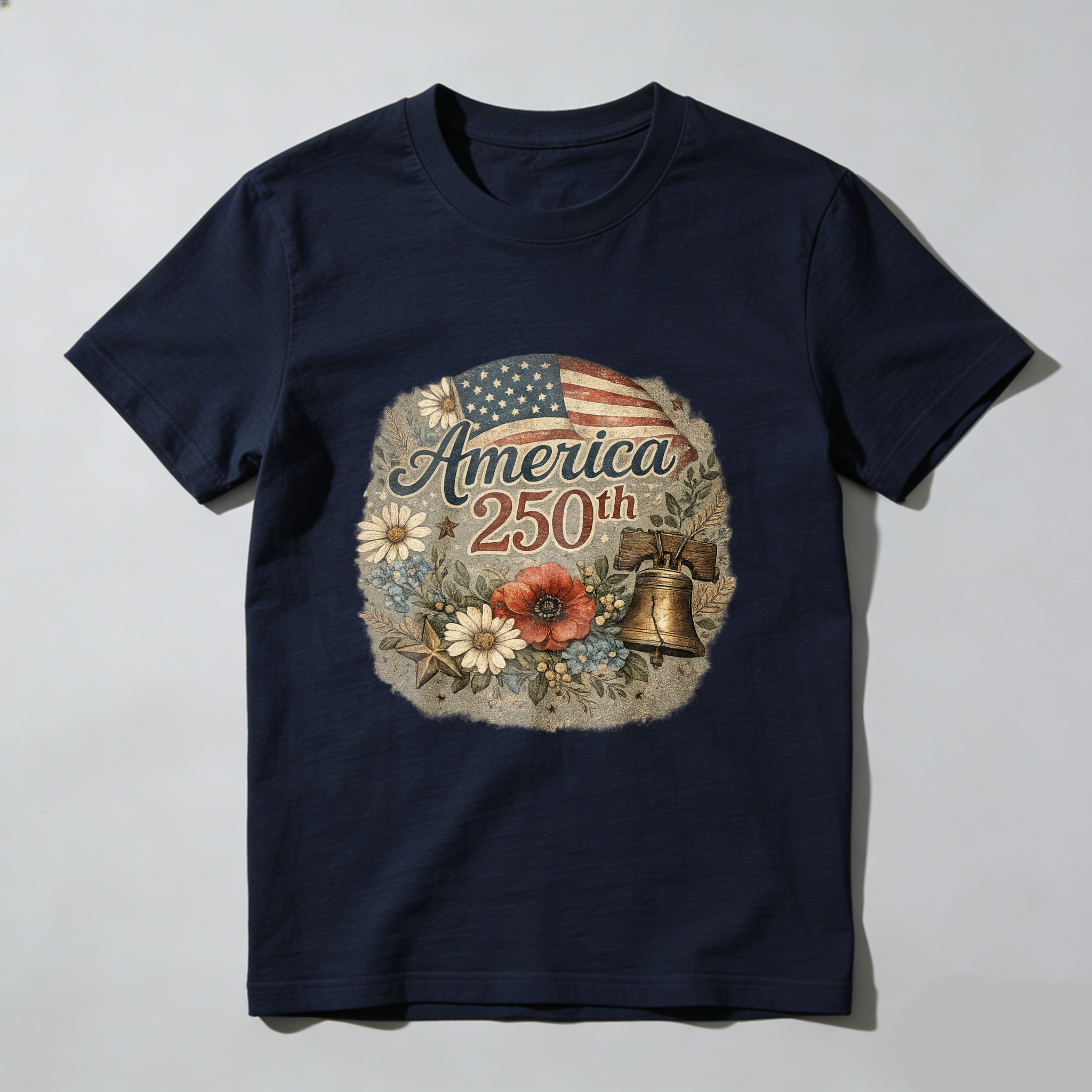 America 250th Anniversary Independence Day Patriotic T Shirt With American Flag Liberty Bell And Flowers Design