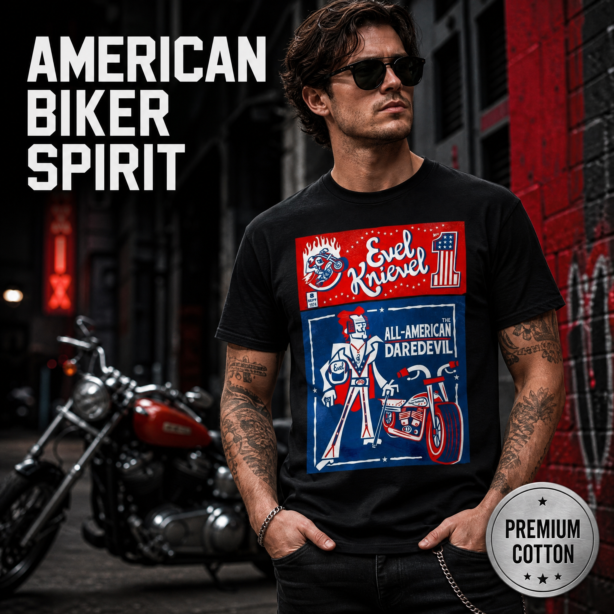 All American Daredevil Vintage Style Graphic T-Shirt Casual Top Retro Motorcycle Stunt Rider Design Cotton T-Shirt