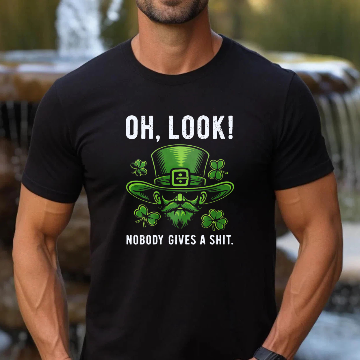 TEECURENT Oh Look Nobody Gives A Shit St Patrick's Day T-Shirt With Leprechaun Hat And Shamrocks Design For Men Women Funny Irish Holiday Shirt