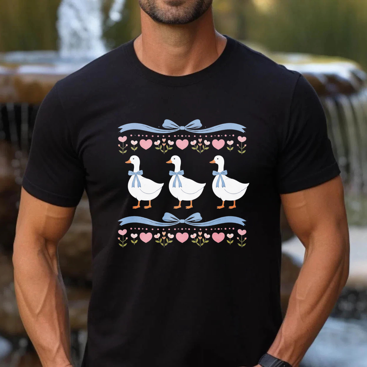 Duck Pattern T Shirt With Hearts And Flowers Design For Women And Men Cute Animal Print Casual Top