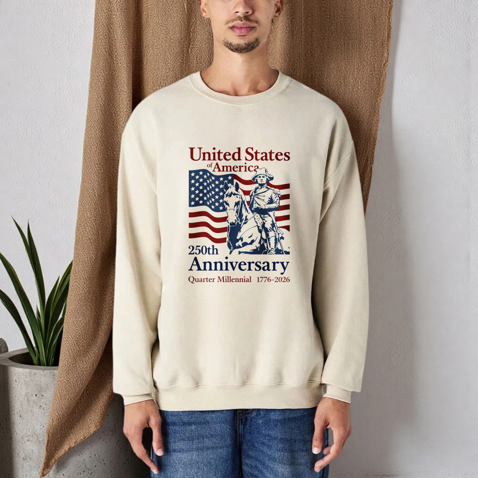United States America 200th Anniversary Commemorative Sweatshirt Patriotic Design Black Crewneck Pullover