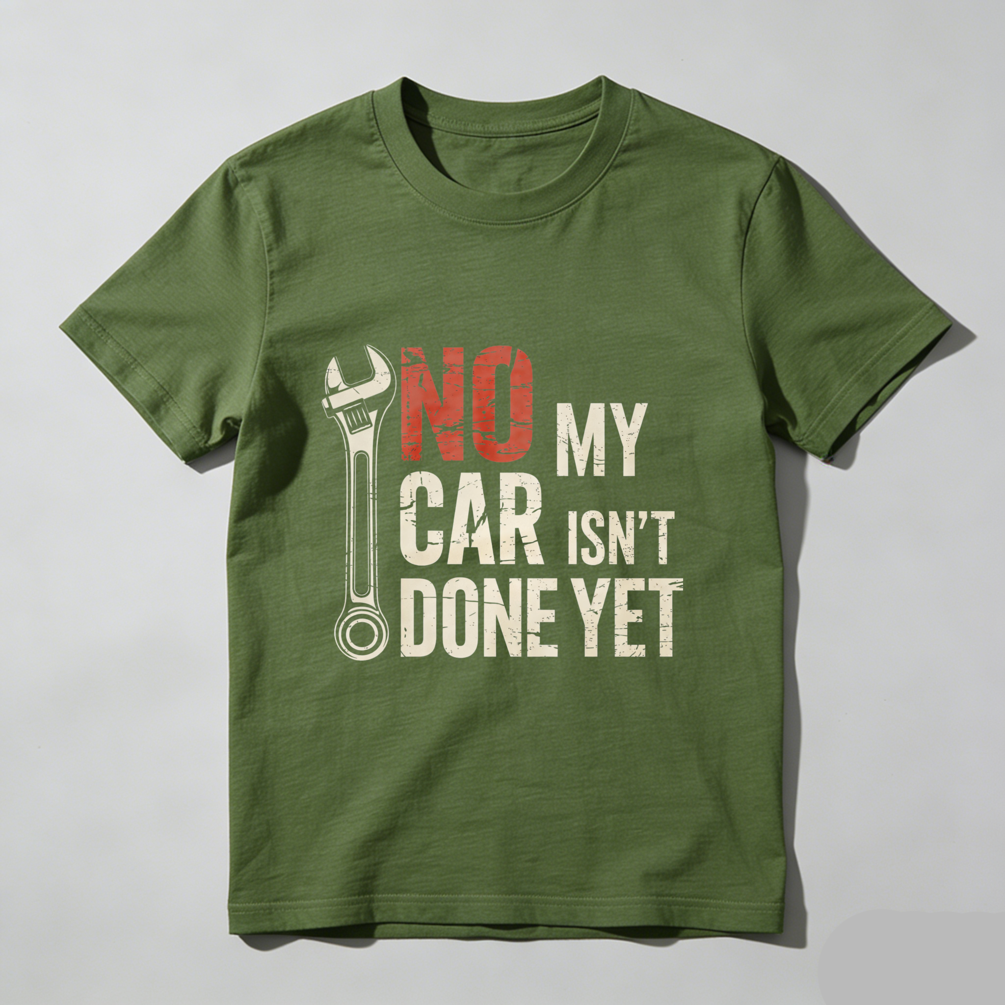 No My Car Isn't Done Yet Mechanic T Shirt With Wrench Graphic For Auto Repair Enthusiasts