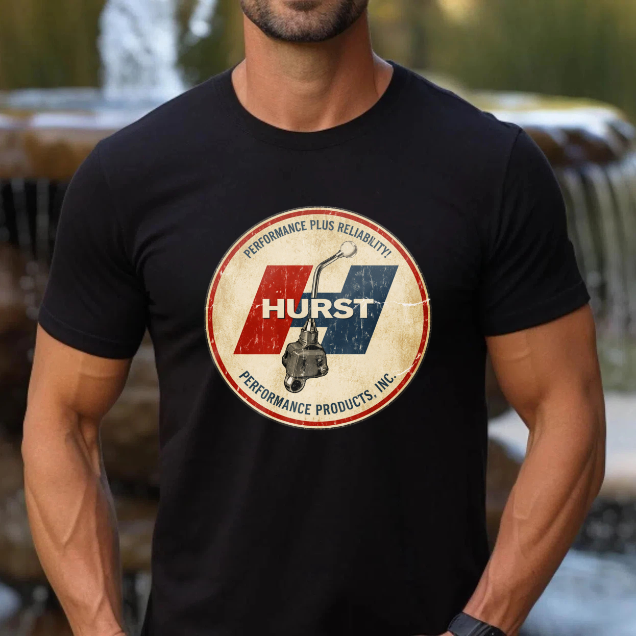 Hurst Performance Plus Reliability Classic Logo T-Shirt Black Vintage Style Automotive Gear Shift Design