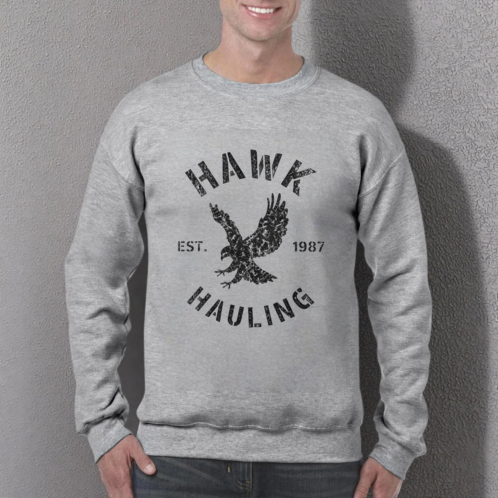 TEECURENT Hawk Hauling Est 1987 Eagle Logo Sweatshirt Black Crewneck Pullover Sweatshirt Unisex Casual Top