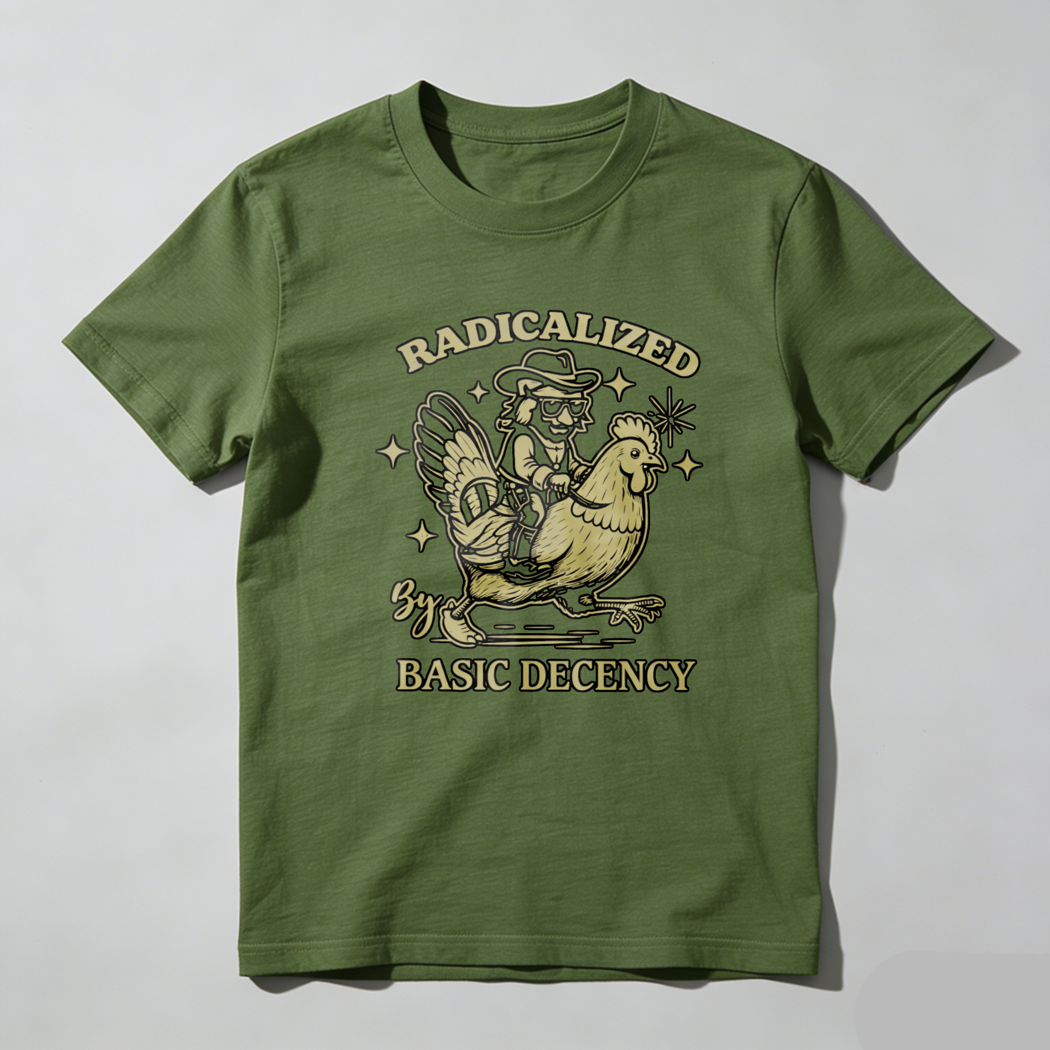 TEECURENTRadicalized By Basic Decency T Shirt With Chicken And Cowboy Graphic Design Black Cotton Men Women Unisex Apparel-TeeCurent