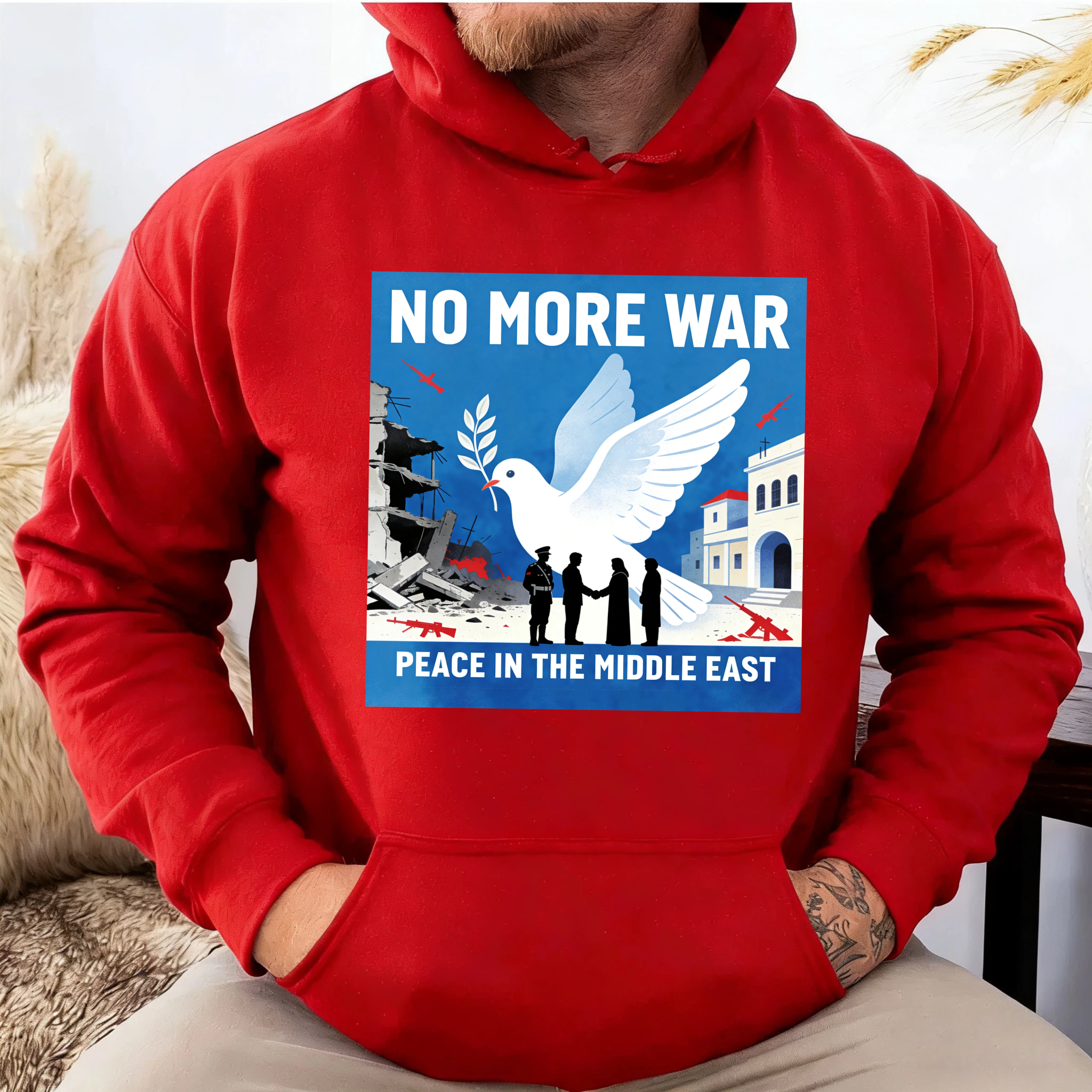 TEECURENT No More War Peace In The Middle East Hoodie With Dove And Olive Branch Design For Peace Advocates