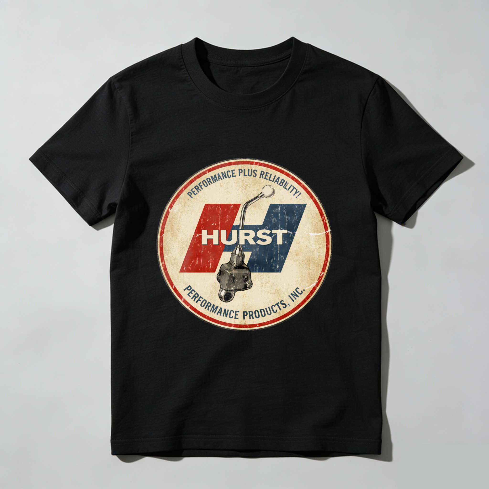Hurst Performance Plus Reliability Classic Logo T-Shirt Black Vintage Style Automotive Gear Shift Design