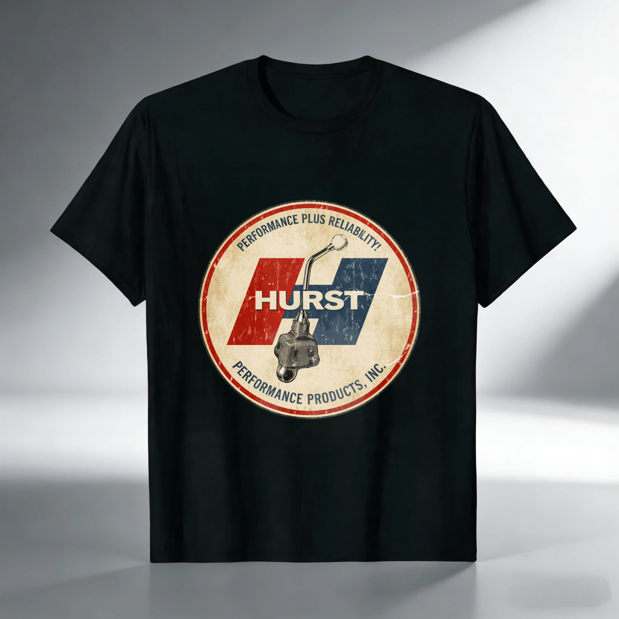 Hurst Performance Plus Reliability Classic Logo T-Shirt Black Vintage Style Automotive Gear Shift Design