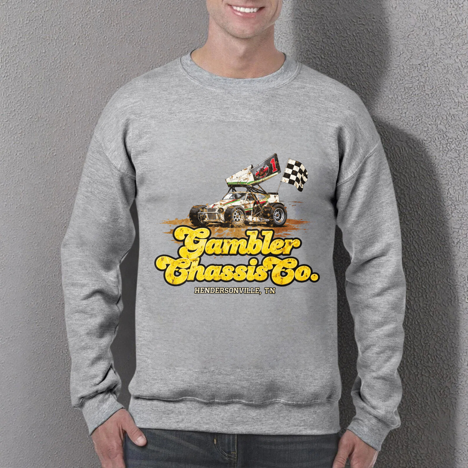 TEECURENT Gambler Chassis Co Racing Car Sweatshirt Hendersonville Tn Vintage Style Graphic Pullover Black Crewneck Long Sleeve Top