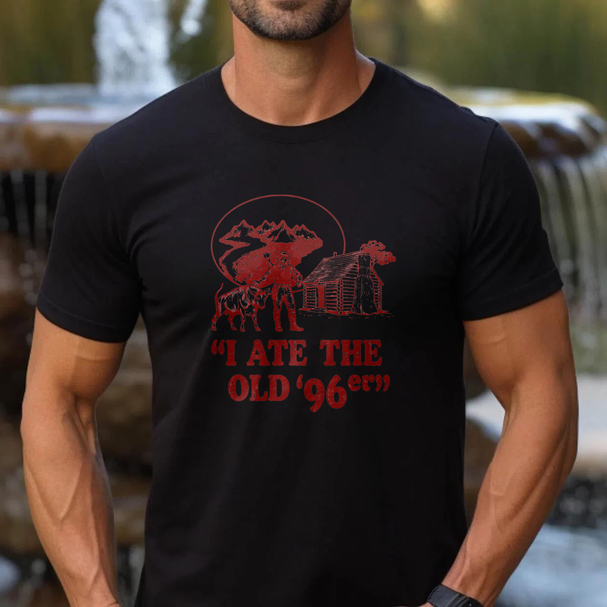 TEECURENT I Ate The Old 96er Black T Shirt With Red Mountain Cabin And Bear Design
