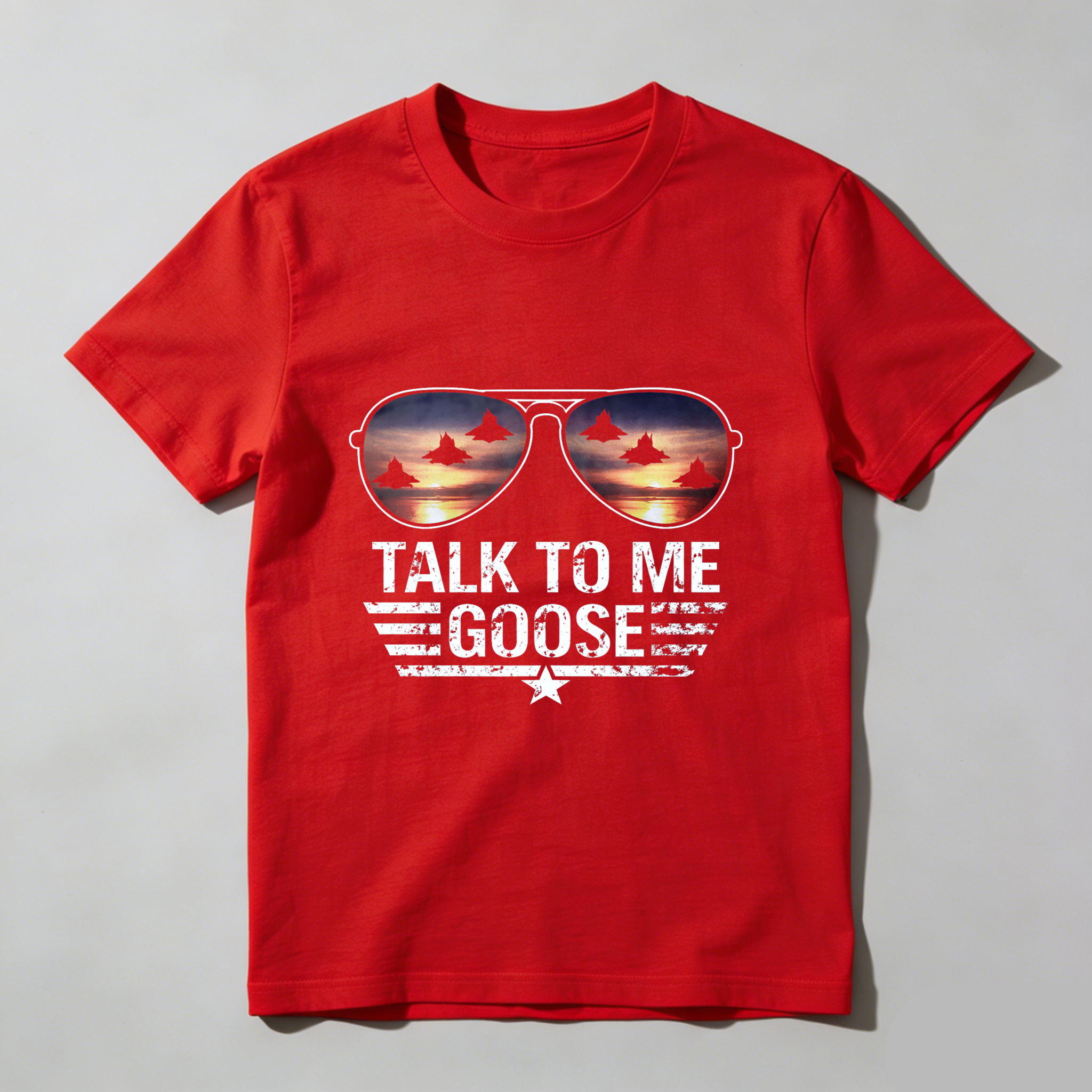 TEECURENT Talk To Me Goose Aviator Sunglasses T-Shirt Top With Jet Fighters Sunset Design For Men And Women