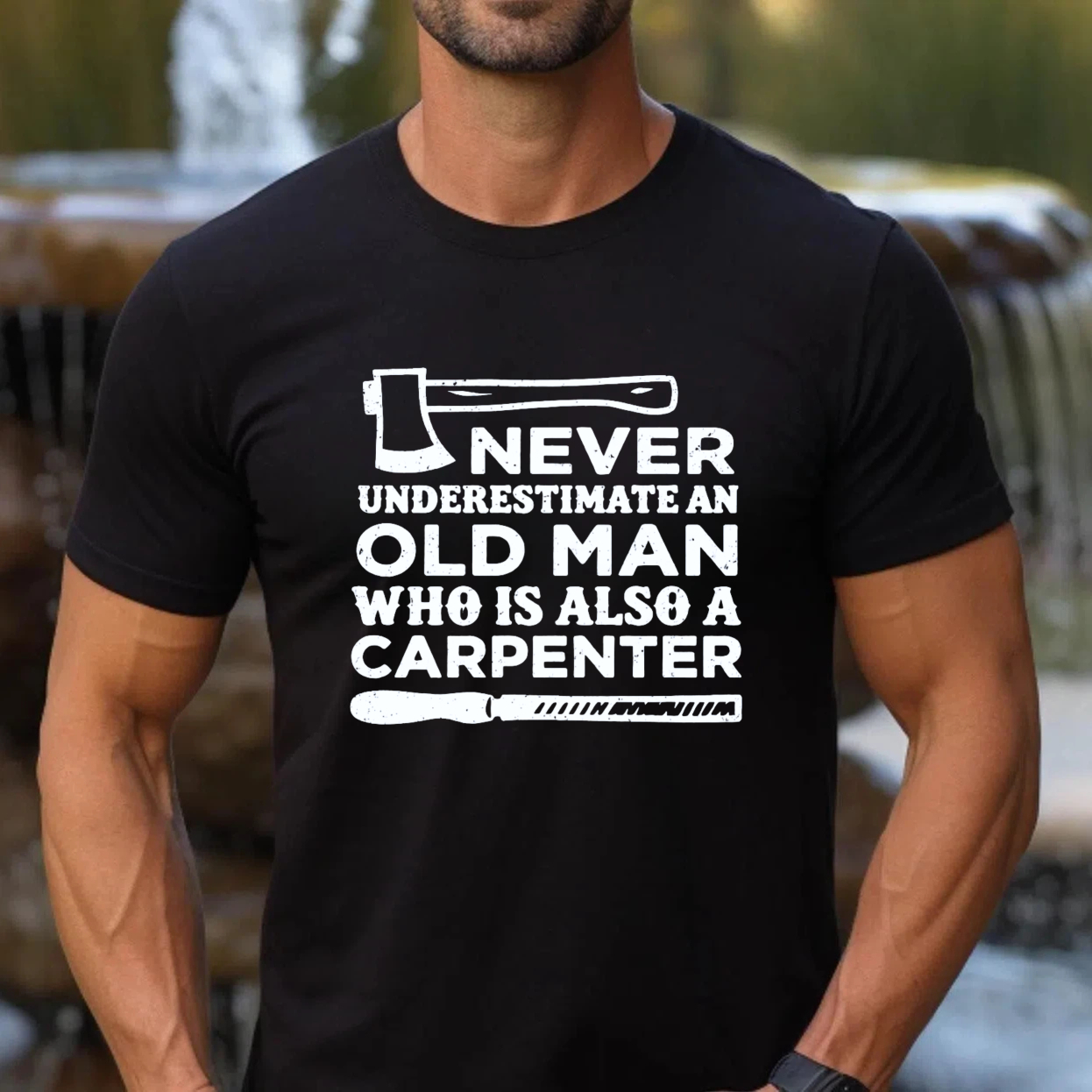 Never Underestimate An Old Man Who Is Also A Carpenter T Shirt For Men With Axe And Knife Design Black Carpentry Work Wear Gift