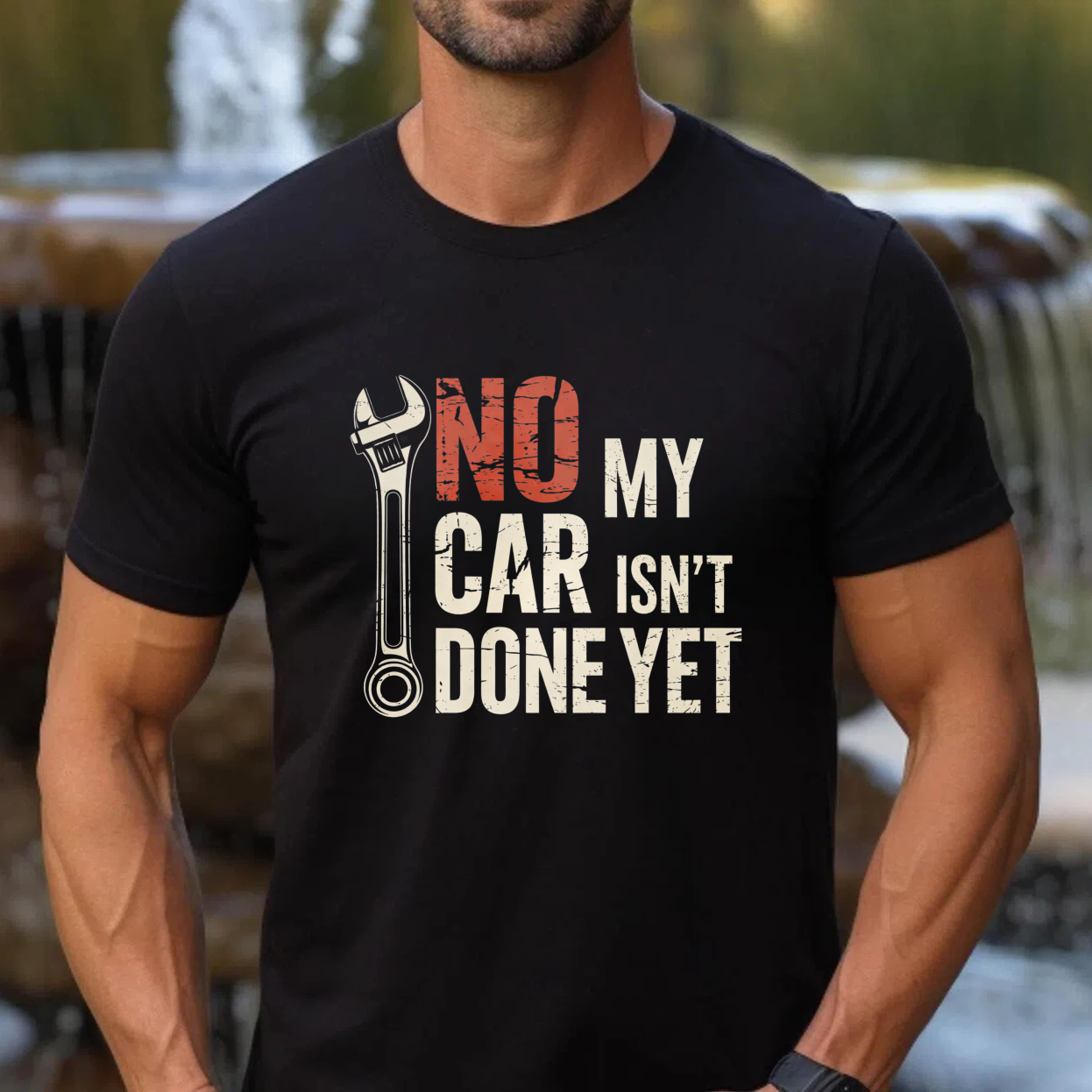 No My Car Isn't Done Yet Mechanic T Shirt With Wrench Graphic For Auto Repair Enthusiasts