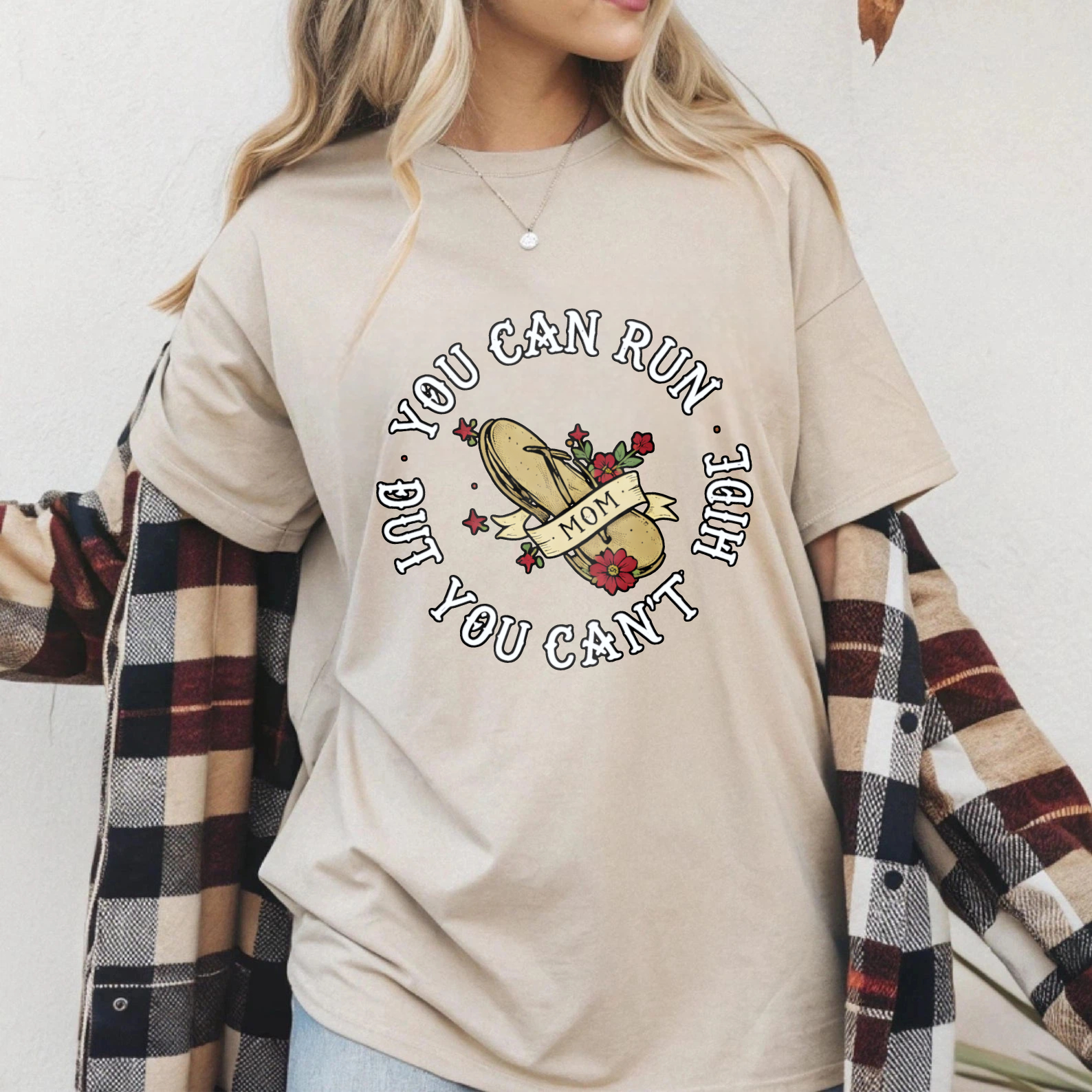 TEECURENT You Can Run But You Cant Hide Mom T Shirt With Flip Flop And Flowers Design For Mothers Day Gift WOMEN