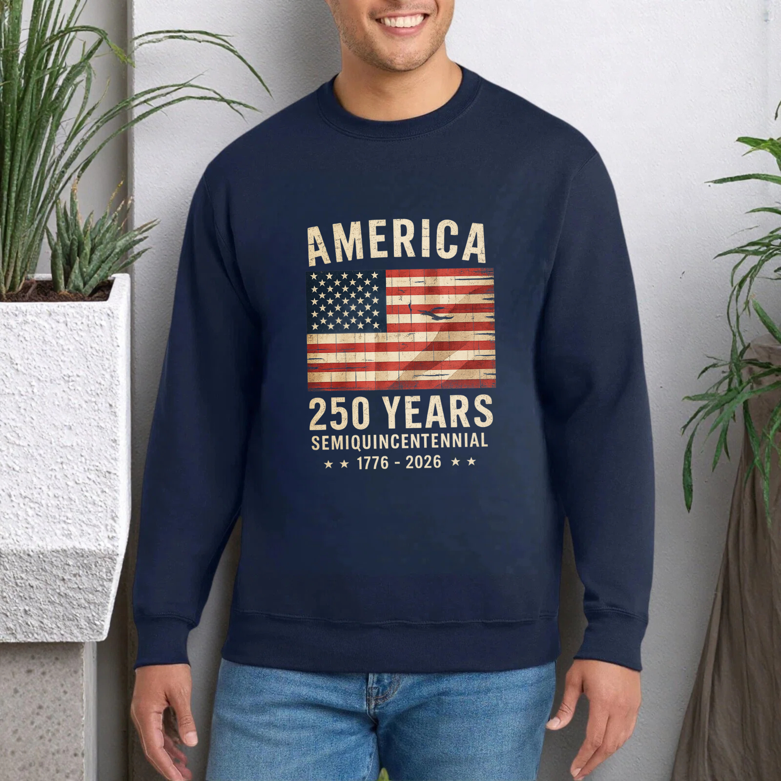 America 250 Years Semi Quincentennial 1776 2026 Usa Flag Sweatshirt Black Unisex Crewneck Pullover Long Sleeve Top