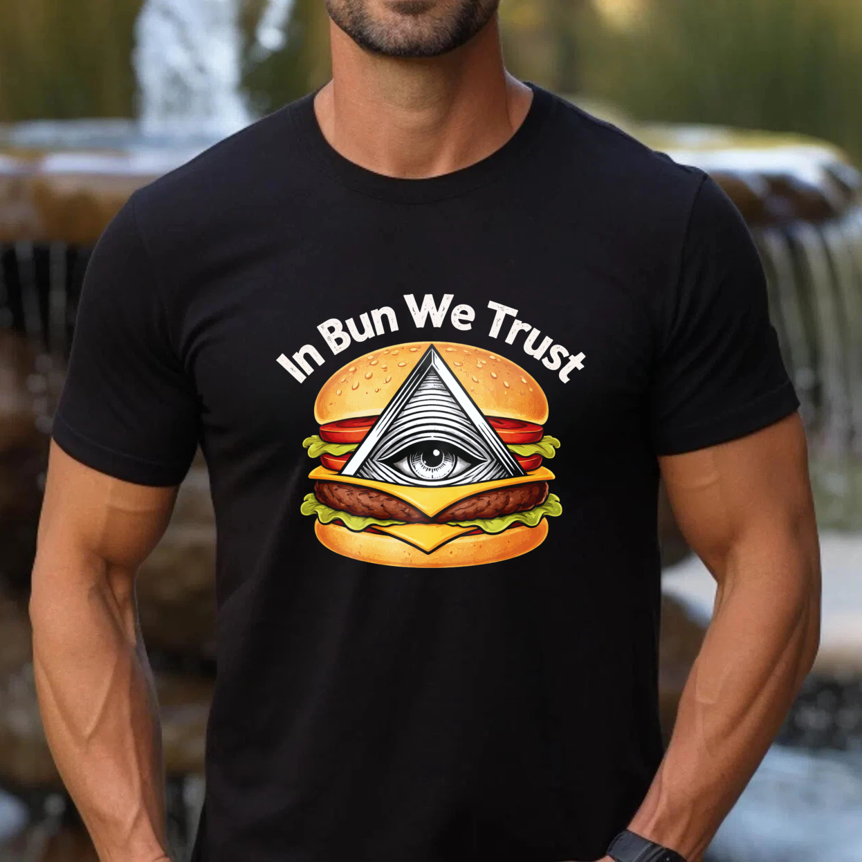 TEECURENT  In Bun We Trust Burger With Eye Pyramid TEECURENT