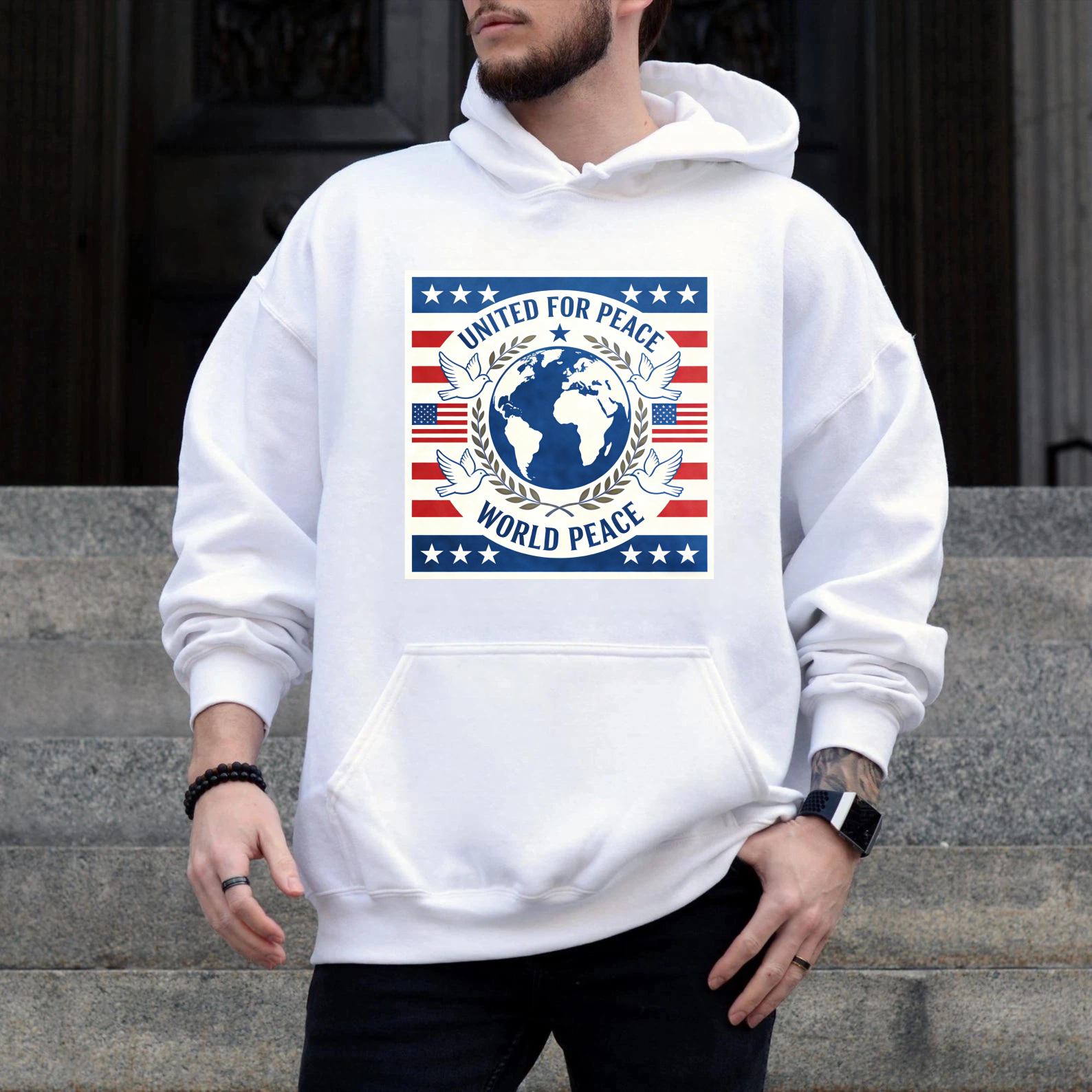 TEECURENT United For Peace World Peace Hoodie American Flag Design Global Unity Sweatshirt Patriotic Clothing For Men Women Unisex Apparel