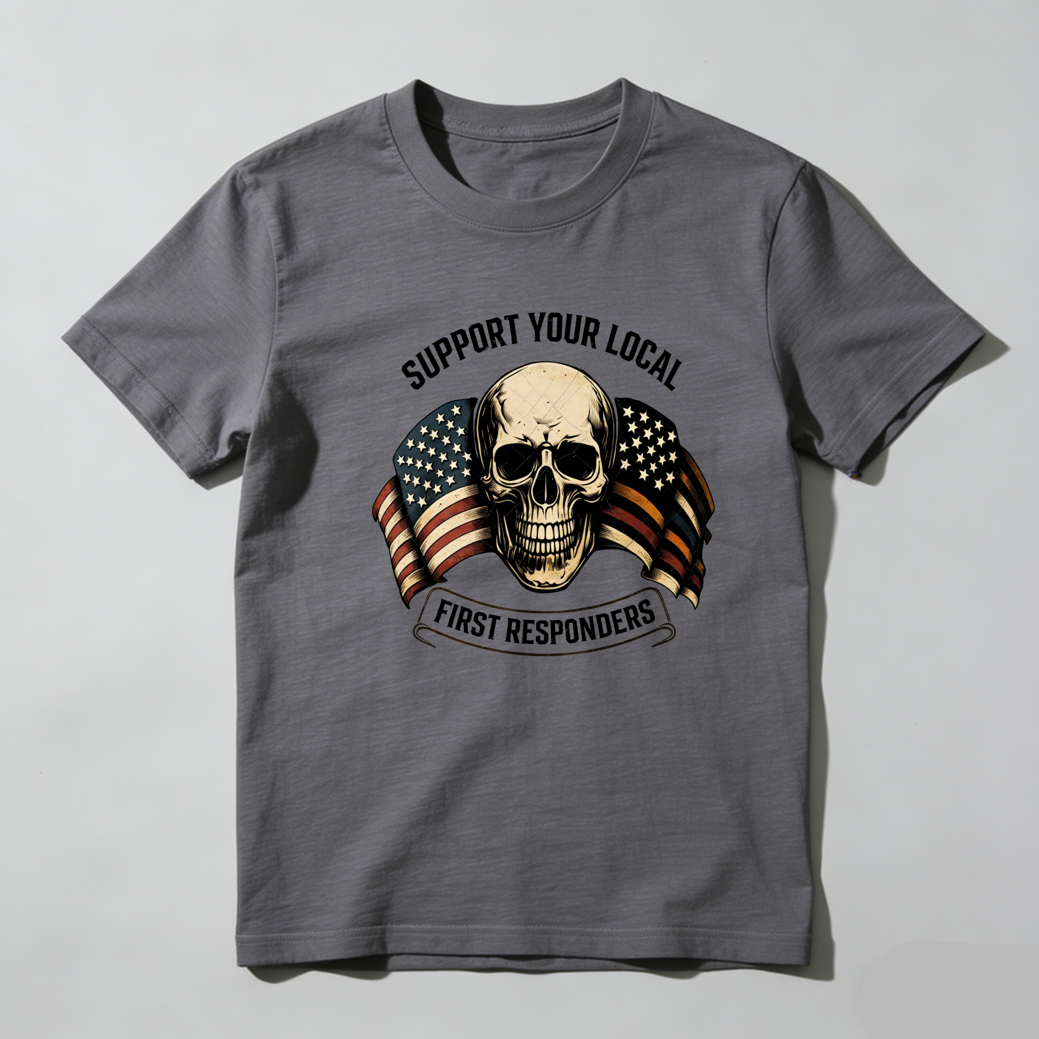 TEECURENT Support Local First Responders Skull Flag Pure Cotton Short Sleeve T Shirt-TeeCurent