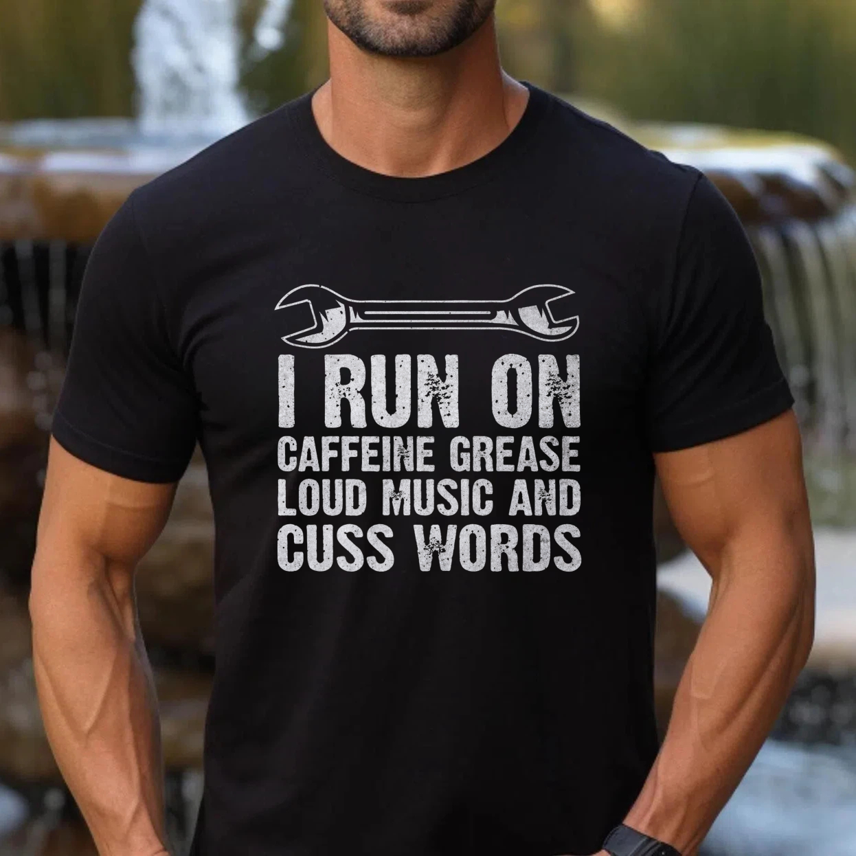 I Run On Caffeine Grease Loud Music And Cuss Words Mechanic T-Shirt With Wrench Graphic