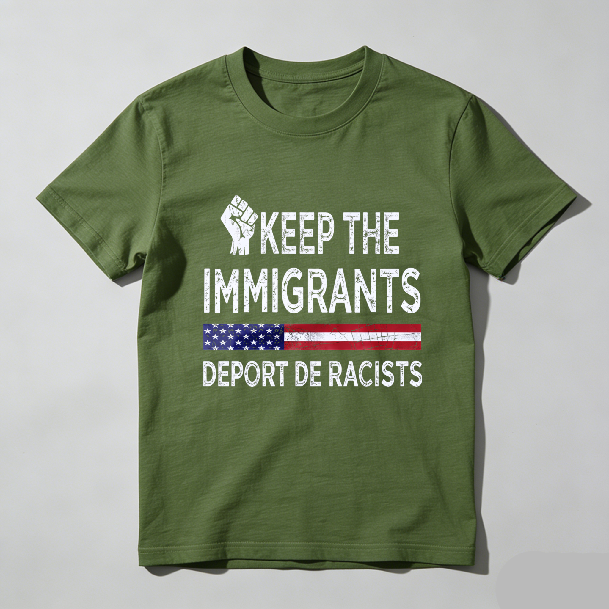 TEECURENTKeep The Immigrants Deport De Racists American Flag T Shirt With Fist Symbol For Social Justice And Equality-TeeCurent