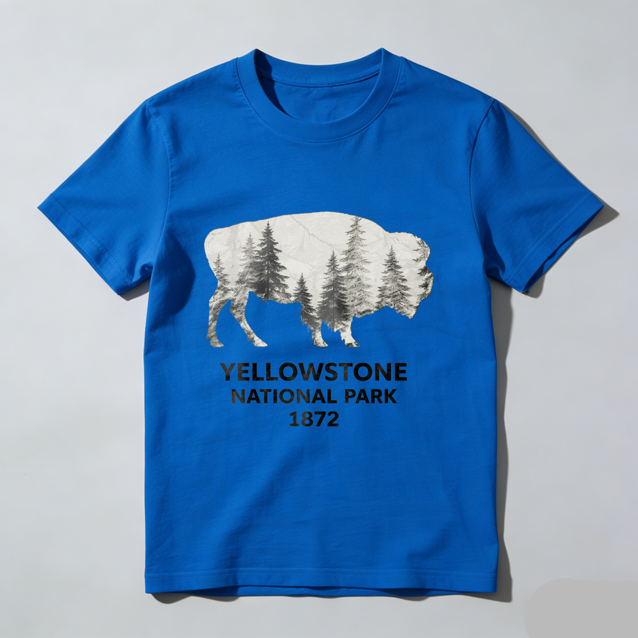 TEECURENT Yellowstone National Park Bison Forest Design T-Shirt 1872 Wildlife Nature Graphic Men's Black Shirt