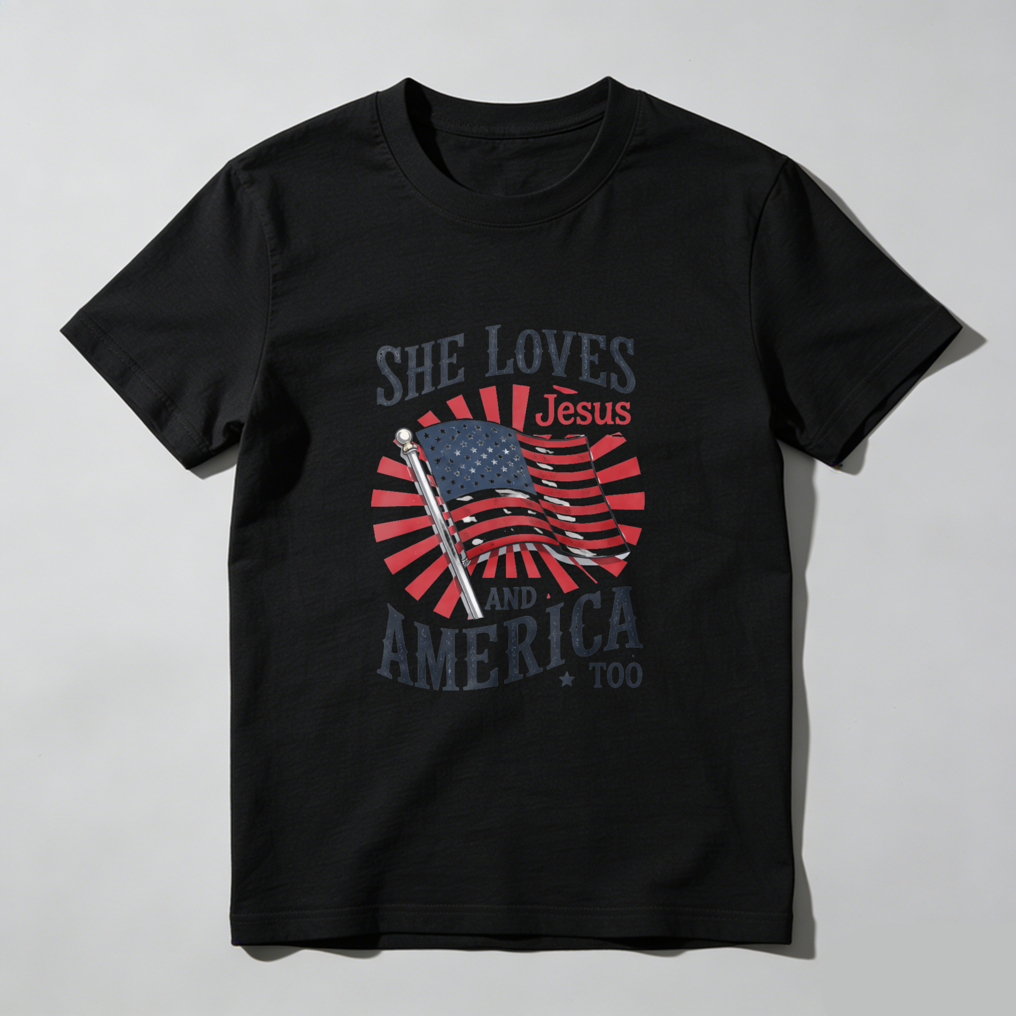 TEECURENT She Loves Jesus And America Too Patriotic Christian T Shirt For Women American Flag Design Black Cotton Top WOMEN