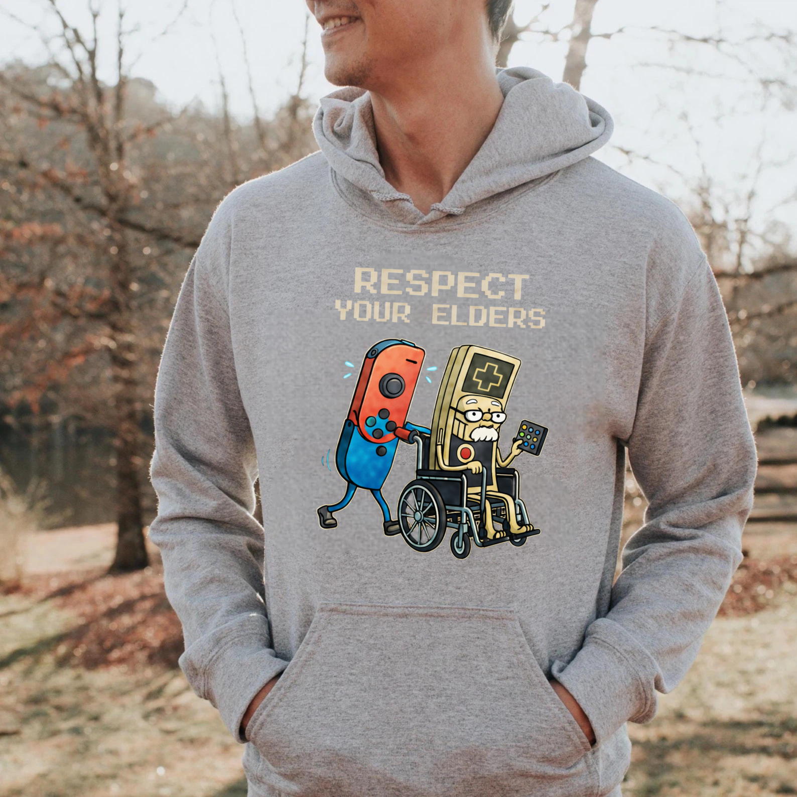 TEECURENT Gildan Respect Your Elders Gaming Controller Hoodie With Retro Game Console And Wheelchair Design For Gamers And Nostalgia Lovers