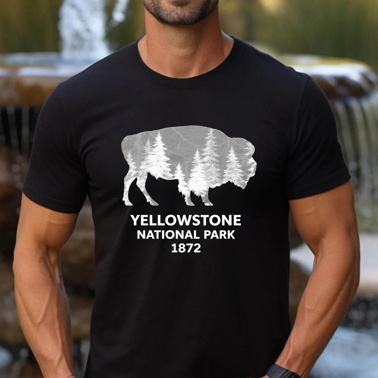 TEECURENT Yellowstone National Park Bison Forest Design T-Shirt 1872 Wildlife Nature Graphic Men's Black Shirt