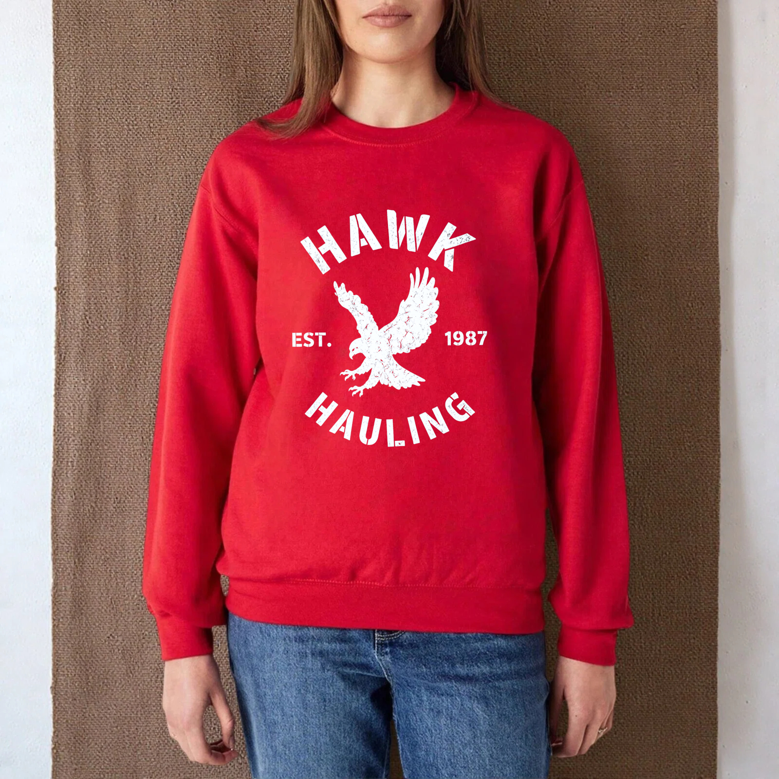 TEECURENT Hawk Hauling Est 1987 Eagle Logo Sweatshirt Black Crewneck Pullover Sweatshirt Unisex Casual Top