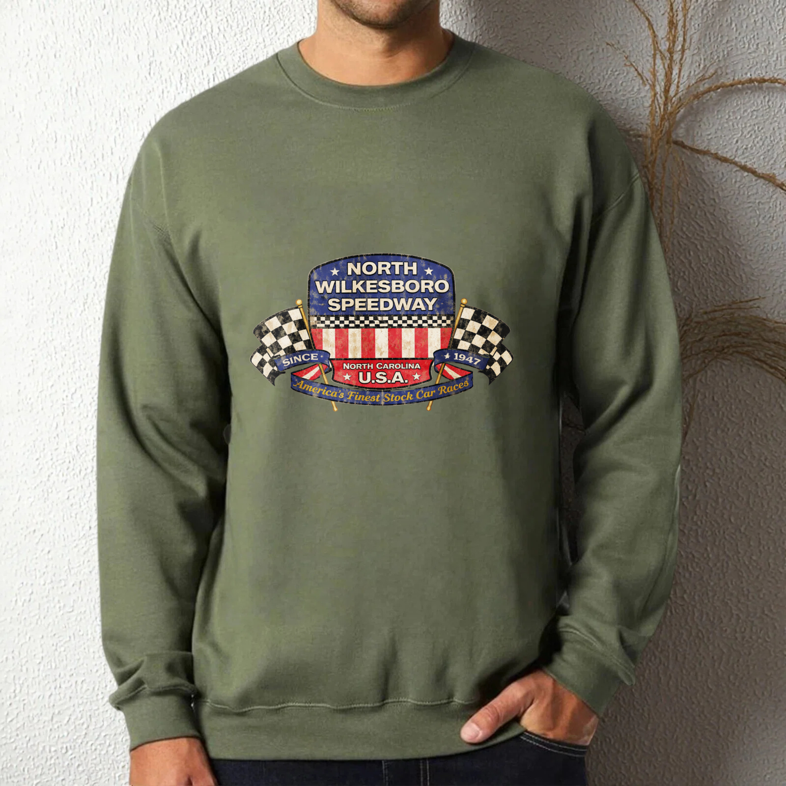 TEECURENT North Wilkesboro Speedway Usa Racing Sweatshirt Black Crewneck Long Sleeve Pullover Shirt