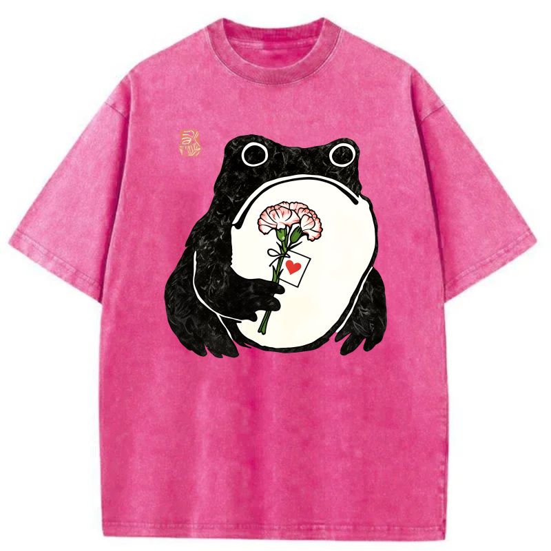 Frog Holding Flower With Heart Tag tshirt 100% cotton