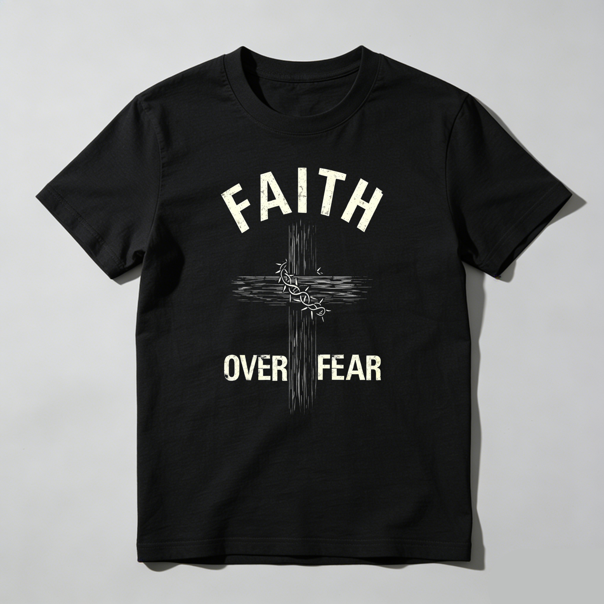 TEECURENT Faith Over Fear Cross Design Pure Cotton Short Sleeve T Shirt-TeeCurent
