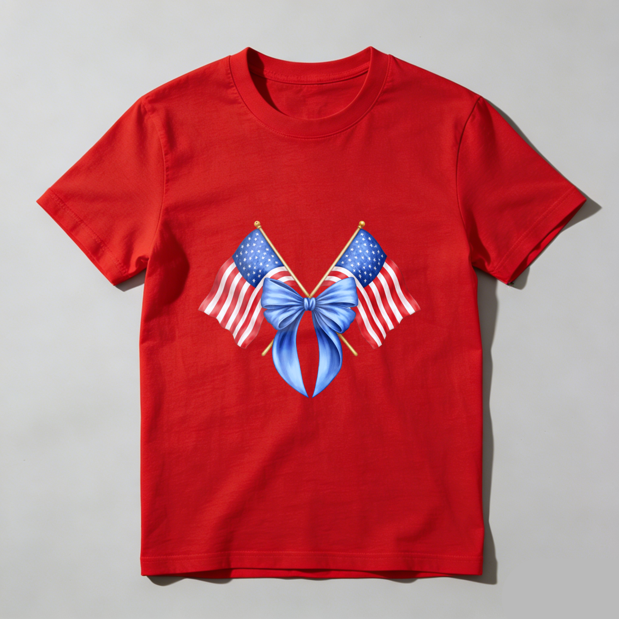 TEECURENT American Flag Crossed With Blue Bow Patriotic T Shirt WOMEN