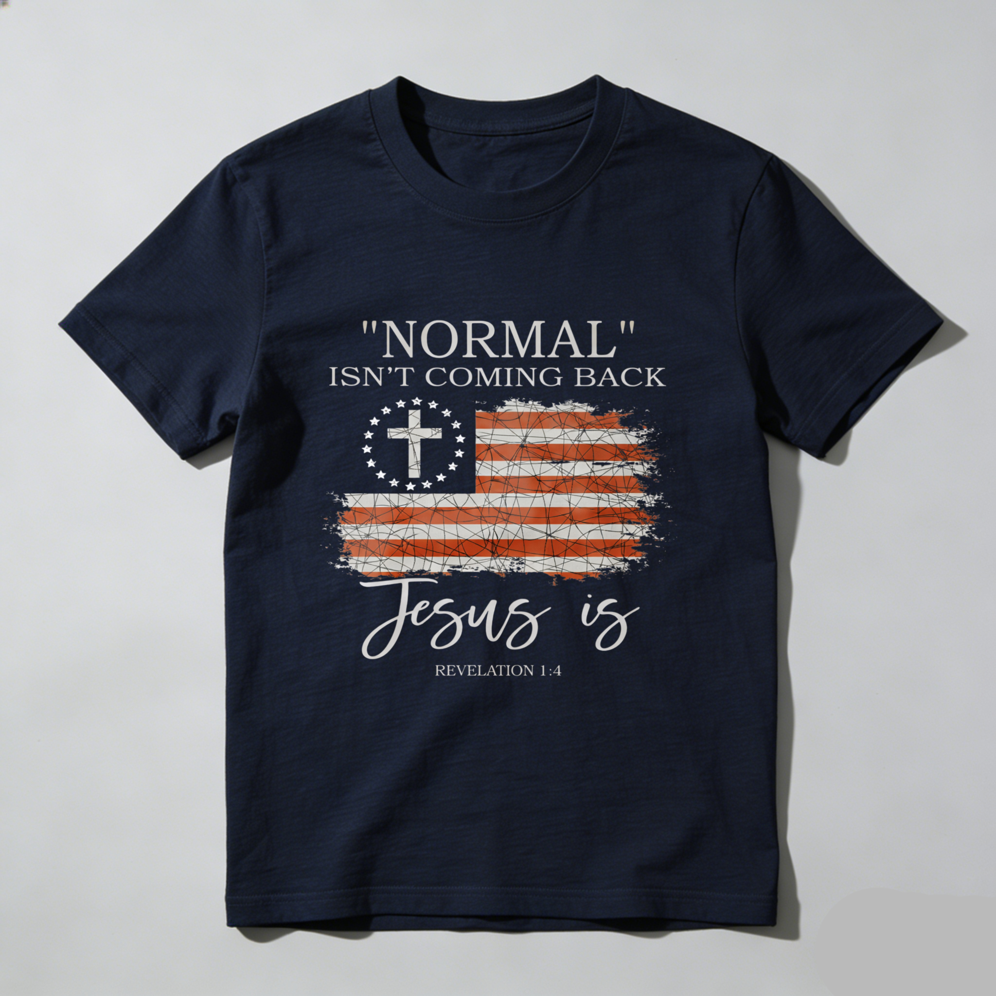 TEECURENT Normal Isnt Coming Back Jesus Is Revelation 14 American Flag Cross Christian T Shirt WOMEN