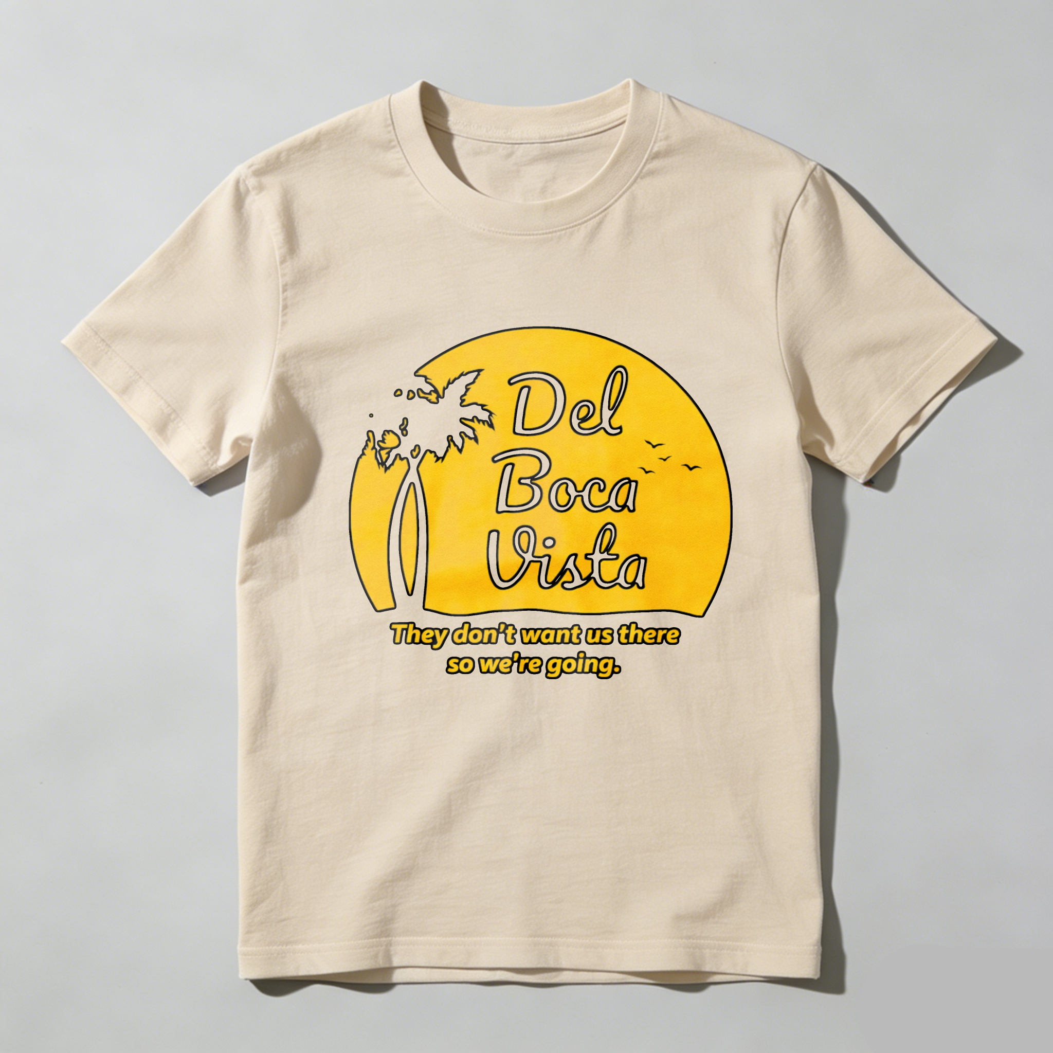 TEECURENTDel Boca Vista T-Shirt Black With Yellow Sun Palm Tree And Slogan They Dont Want Us There So Were Going Summer Vacation Travel Gift For Men Women Unisex Casual Wear-TeeCurent