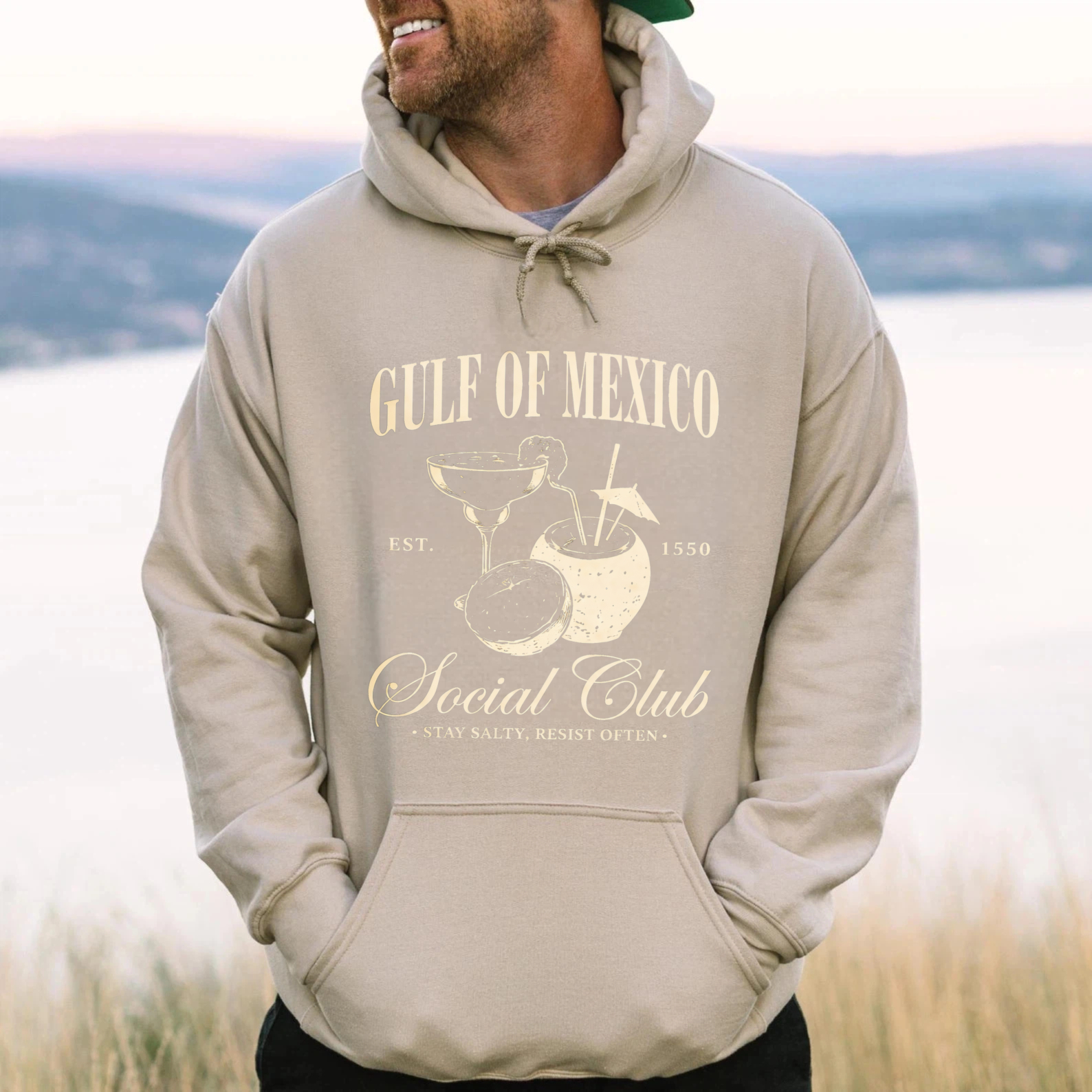 TEECURENT Gildan Gulf Of Mexico Social Club Hoodie Est 1550 Stay Salty Resist Optn Cocktail Design Black Sweatshirt