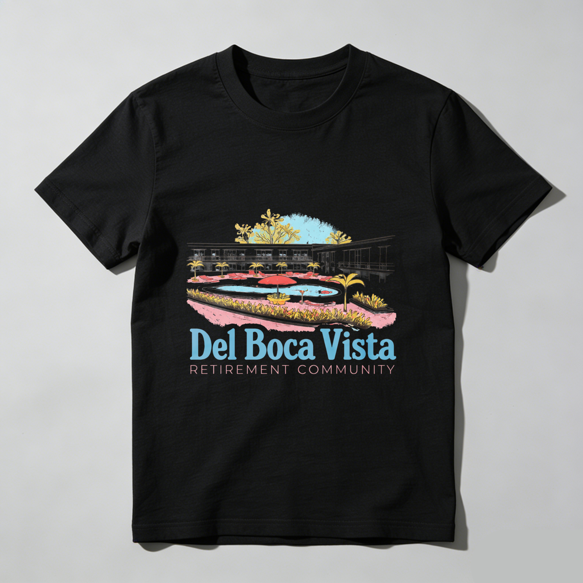 TEECURENT Del Boca Vista Retirement Community T-Shirt With Resort Design And Palm Trees Graphic