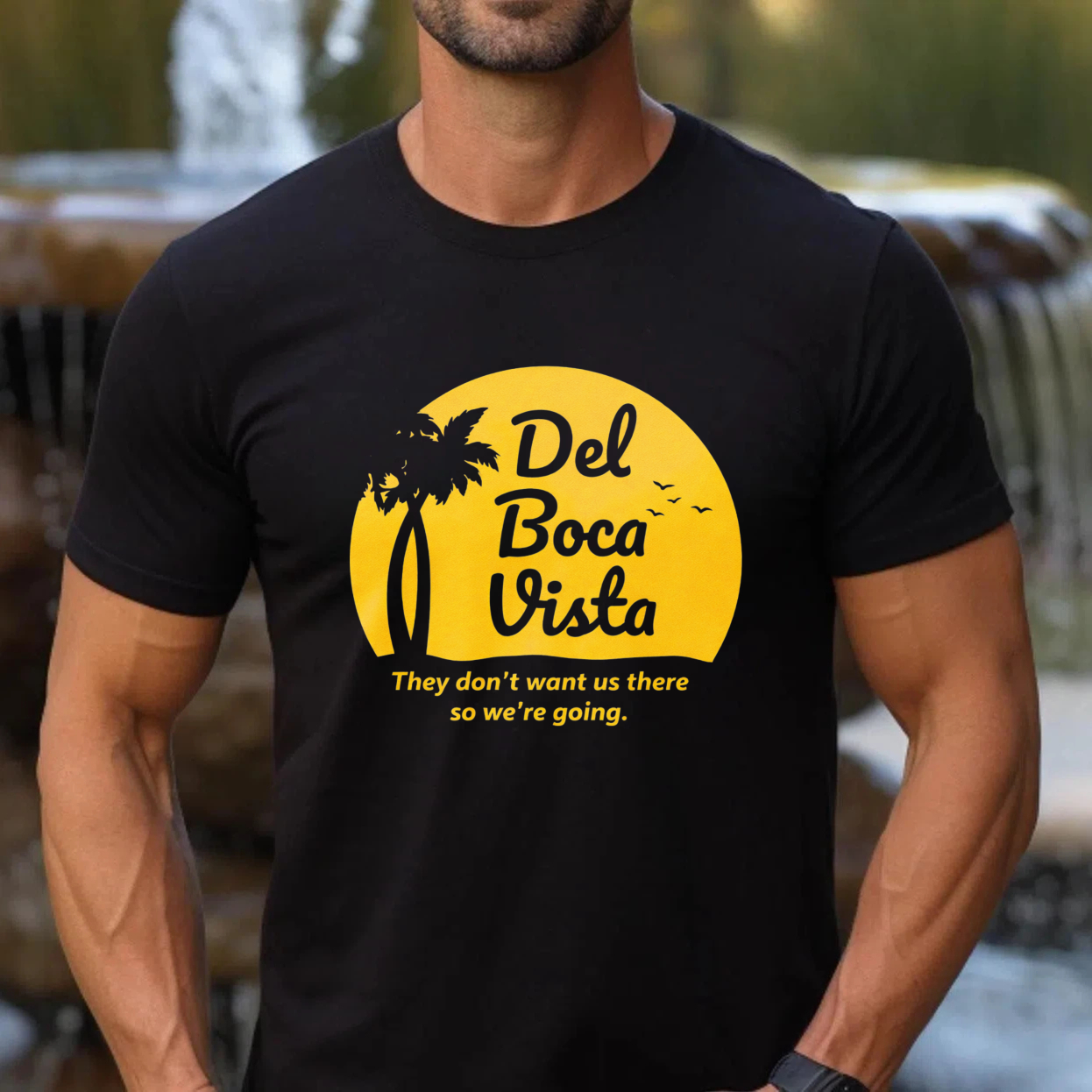 TEECURENTDel Boca Vista T-Shirt Black With Yellow Sun Palm Tree And Slogan They Dont Want Us There So Were Going Summer Vacation Travel Gift For Men Women Unisex Casual Wear-TeeCurent