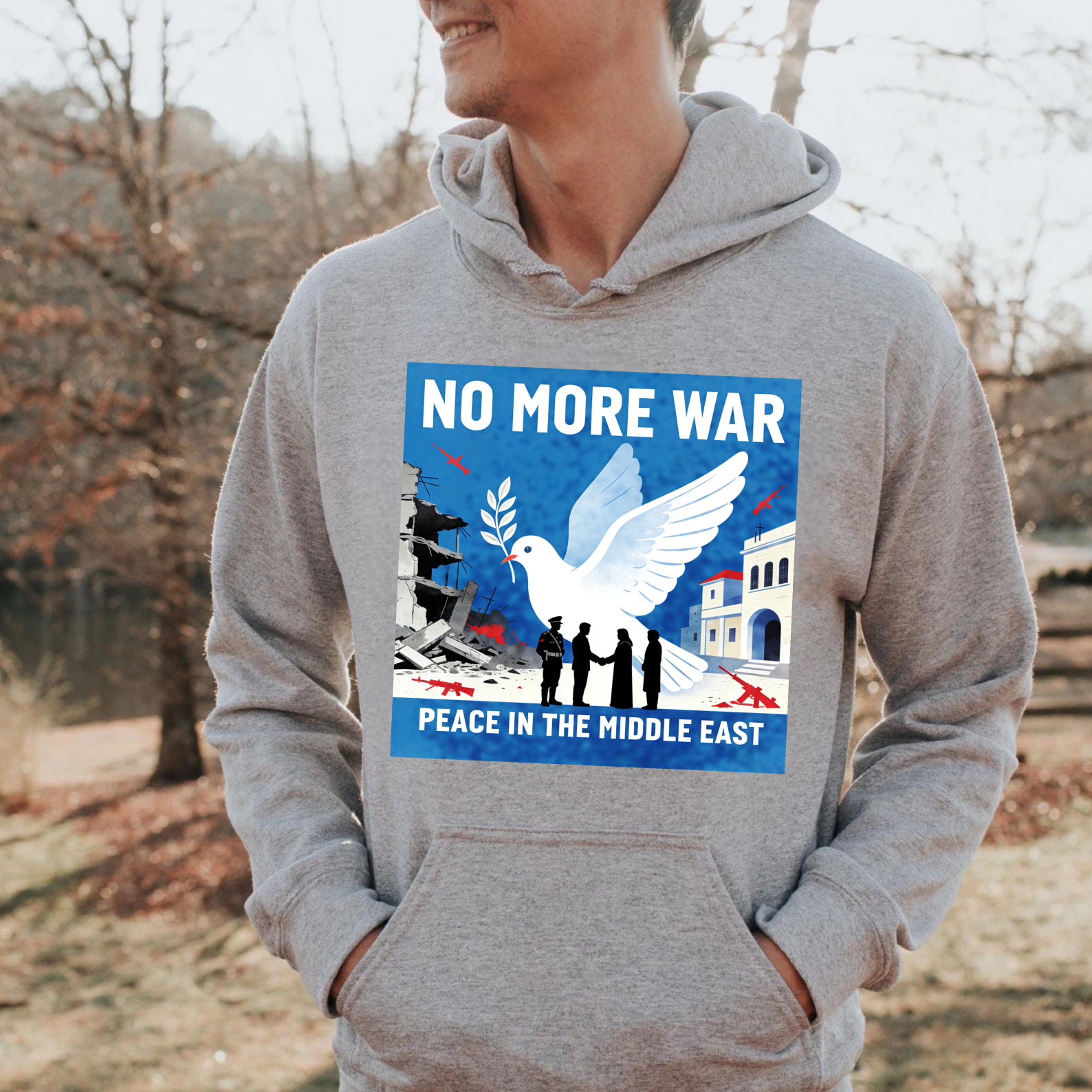 TEECURENT No More War Peace In The Middle East Hoodie With Dove And Olive Branch Design For Peace Advocates
