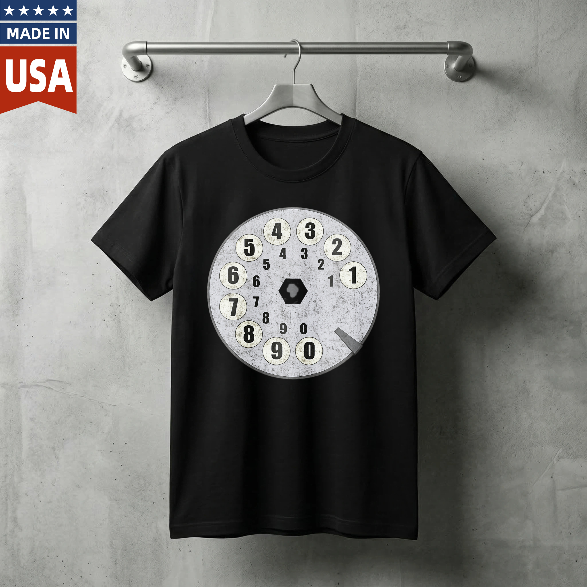 Retro Telephone Dial Design Black T Shirt Made In Usa