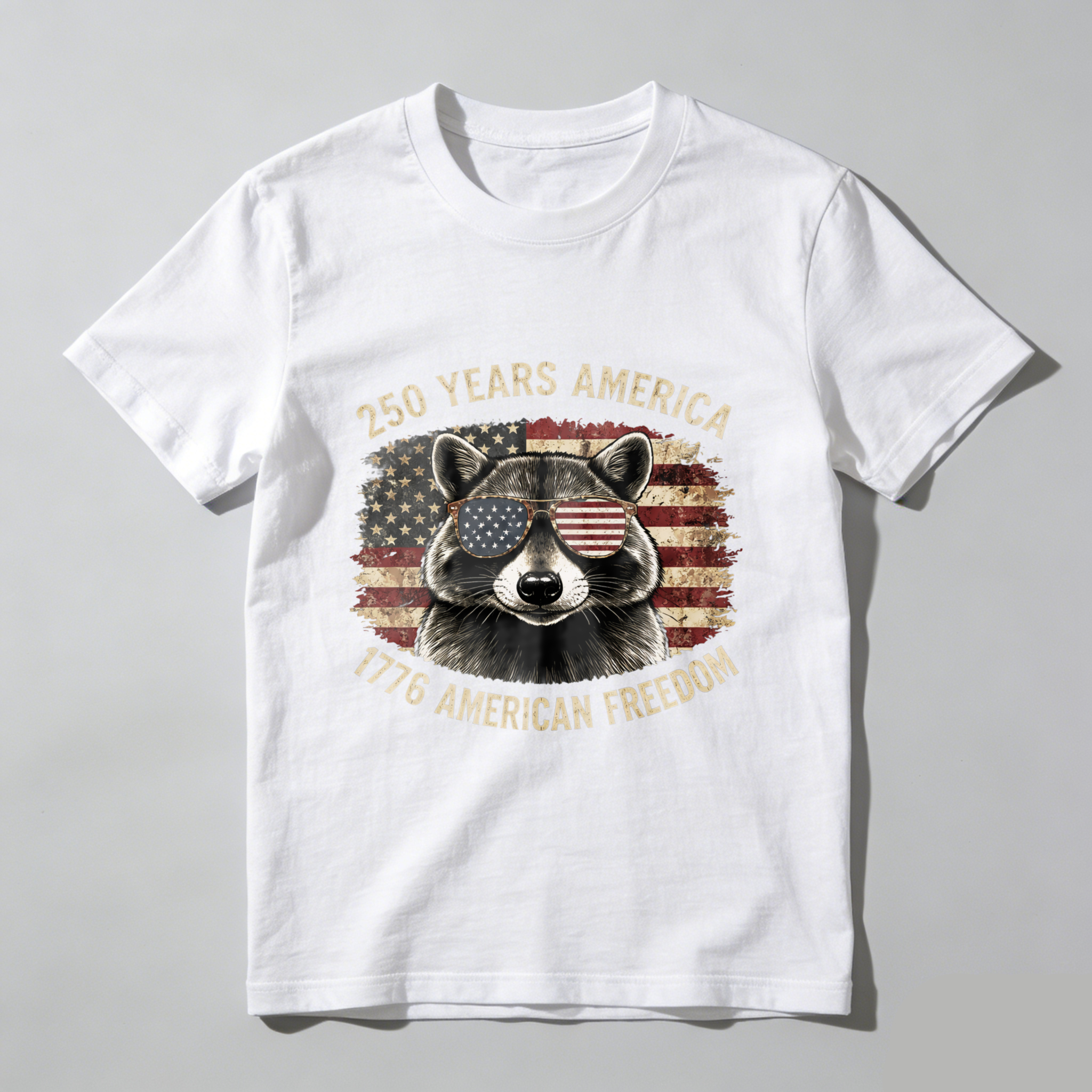 250 Years America 1776 American Freedom Raccoon With Usa Flag Sunglasses T Shirt