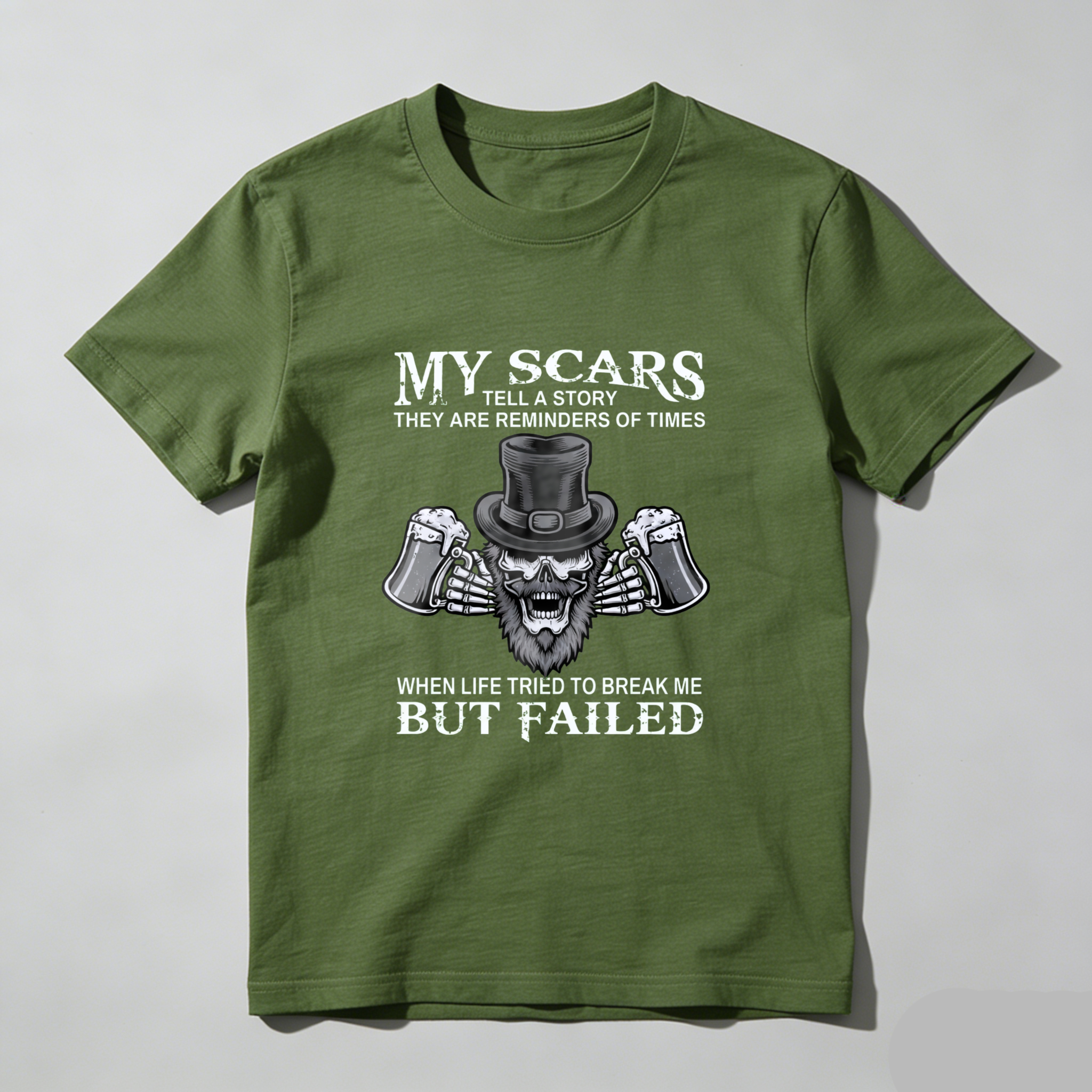 TEECURENT My Scars Tell A Story They Are Reminders Of Times When Life Tried To Break Me But Failed T Shirt With Skull And Beer Design