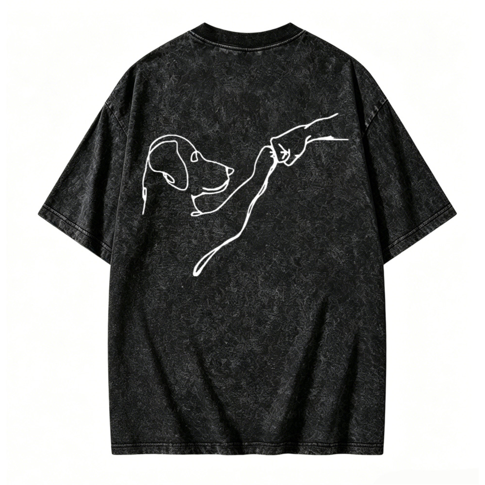 Minimalist Line Art Dog And Hand Holding Leash Graphic Washed T-shirt