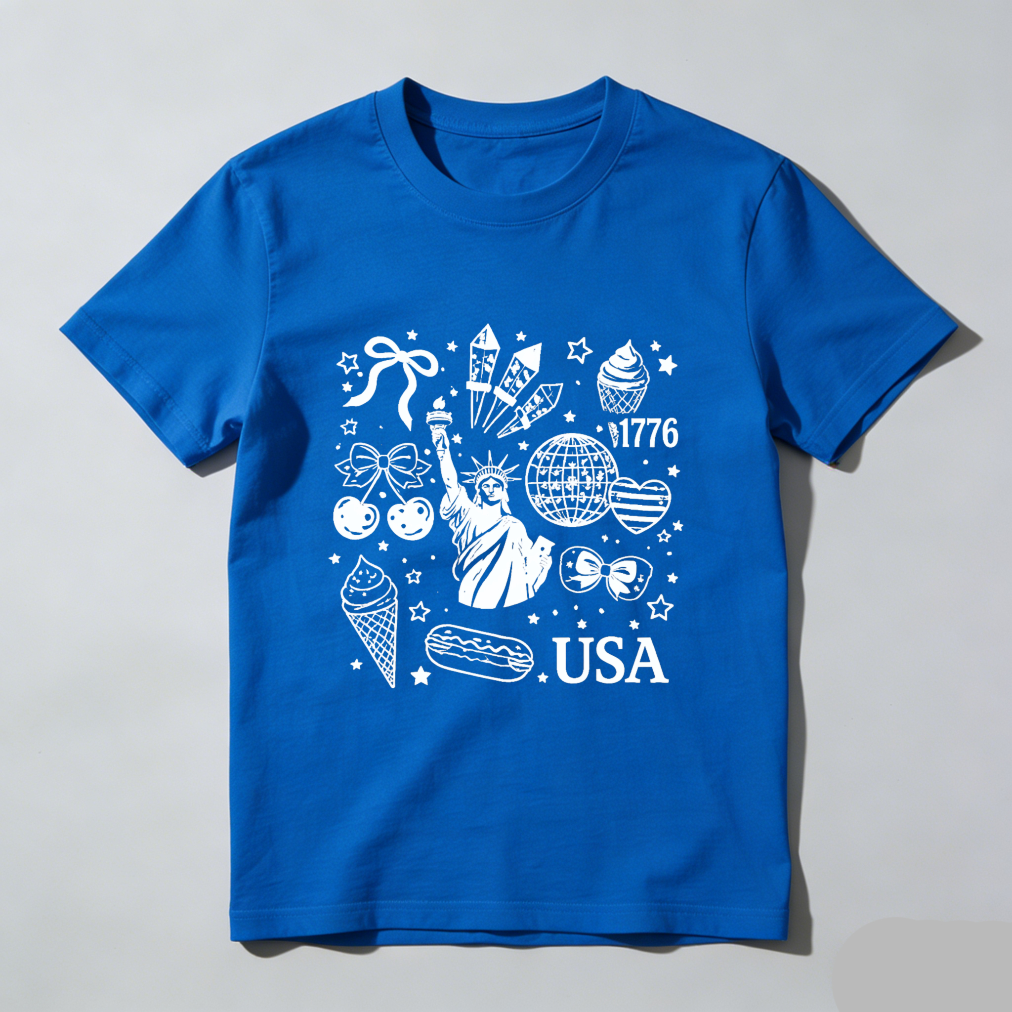 TEECURENT American Independence Day Celebration T Shirt Usa 1776 Statue Of Liberty Fireworks Ice Cream Hot Dog Stars And Stripes Patriotic Design WOMEN