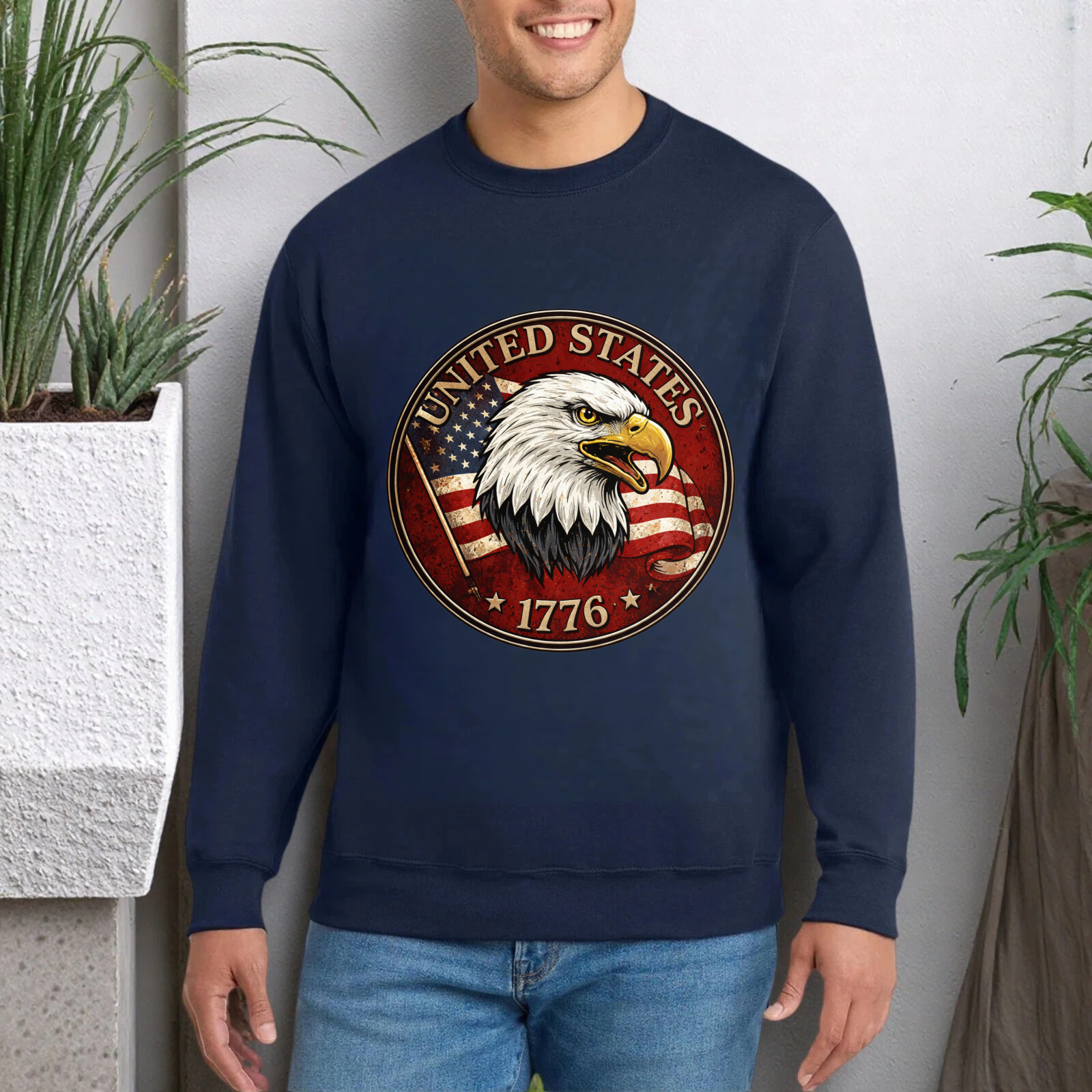 United States Eagle American Flag 1776 Sweatshirt Patriotic Crewneck Pullover Black